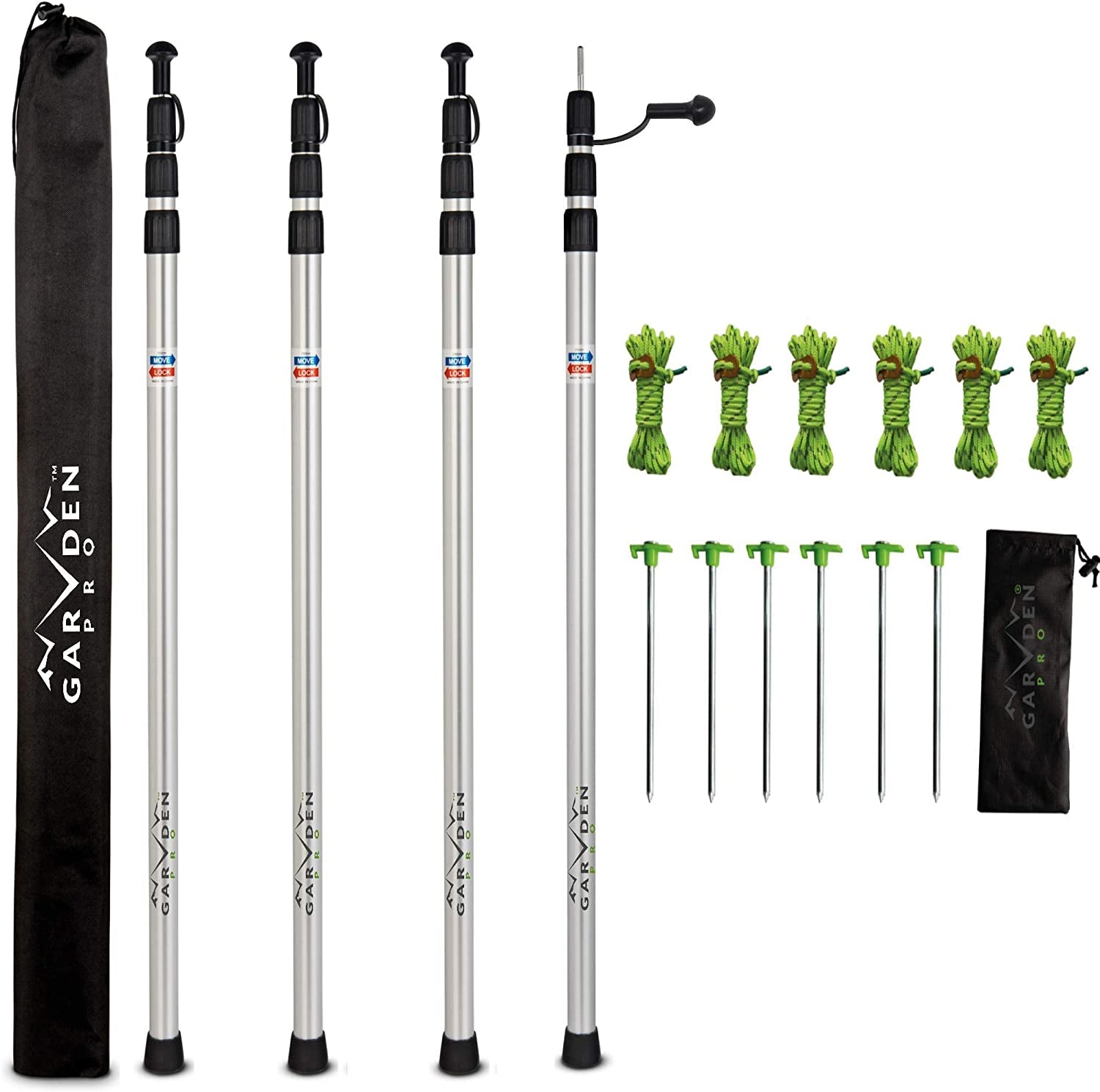 Set of 4 Telescoping Tarp Poles | Replacement Canopy Adjustable Aluminum Rods, Portable & Lightweight for Tent Fly, Awning, Outdoor Camping, Hiking, Backpacking & Rainfly + 6 Pegs & 6 Reflective Ropes