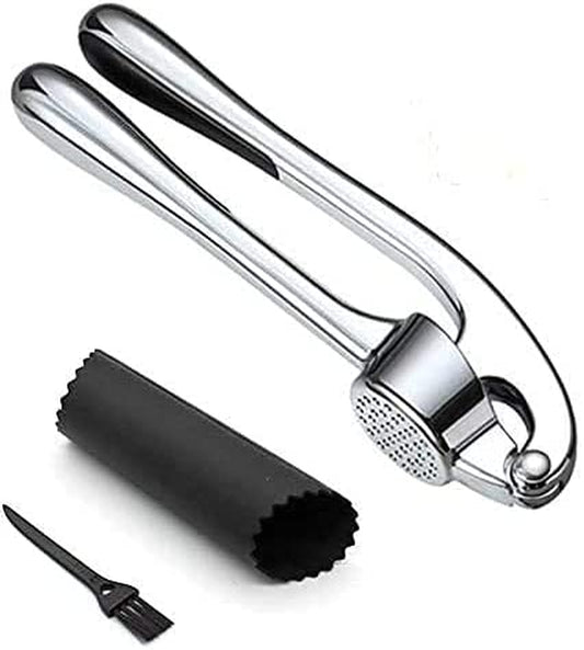 Garlic Press, Stainless Steel Garlic Press Tool with Cleaning Brush and Silicone Garlic Peeler 3 Pcs by