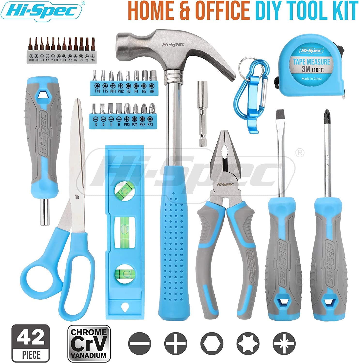 42Pc Blue Home & Office DIY Hand Tool Kit Set. Complete Basic Household Tools for Essential Repairs in a Box