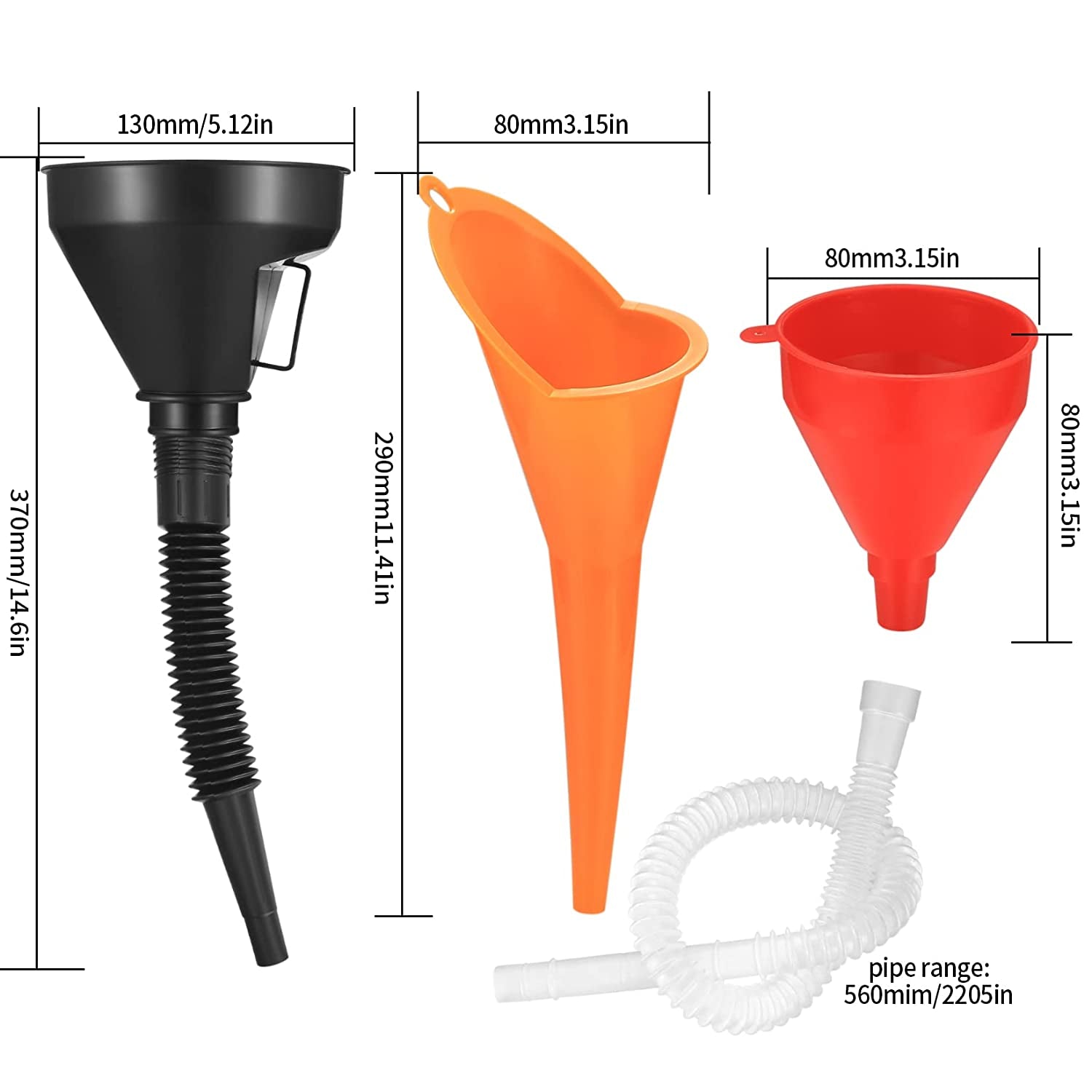 3 Pcs Right Angle Flexible Plastic Funnel Set, Universal Car Gasoline Fuel Petrol Engine Funnel with Detachable Spout and Long Mouth Funnels for Motorcycle Car Automotive - Red/Orange/Black