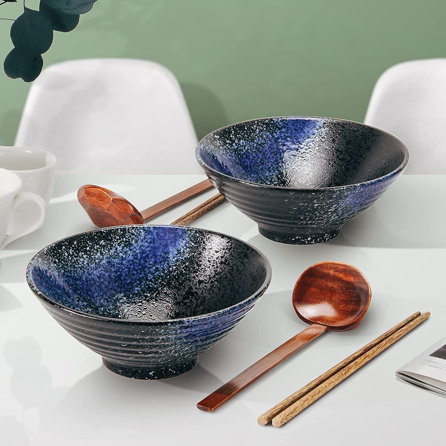 Pottery Ramen Bowls Set of 2 - Ideal for Noodle Salad Pasta Dinnerware Ceramic Japanese Bowl 2×1000 Ml 34 Ounces Capacity with Chopsticks and Spoon Men and Women Gifts Ideas Porcelain - Starry Blue