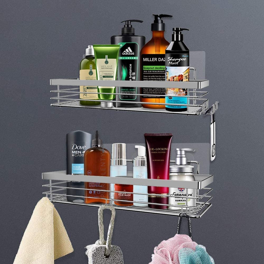 Shower Caddy with 5 Hooks for Hanging Razor and Sponge Adhesive Shower Shelf Bathroom Accessories Organiser Storage Kitchen Rack No Drilling Stainless Steel - 2 Pack