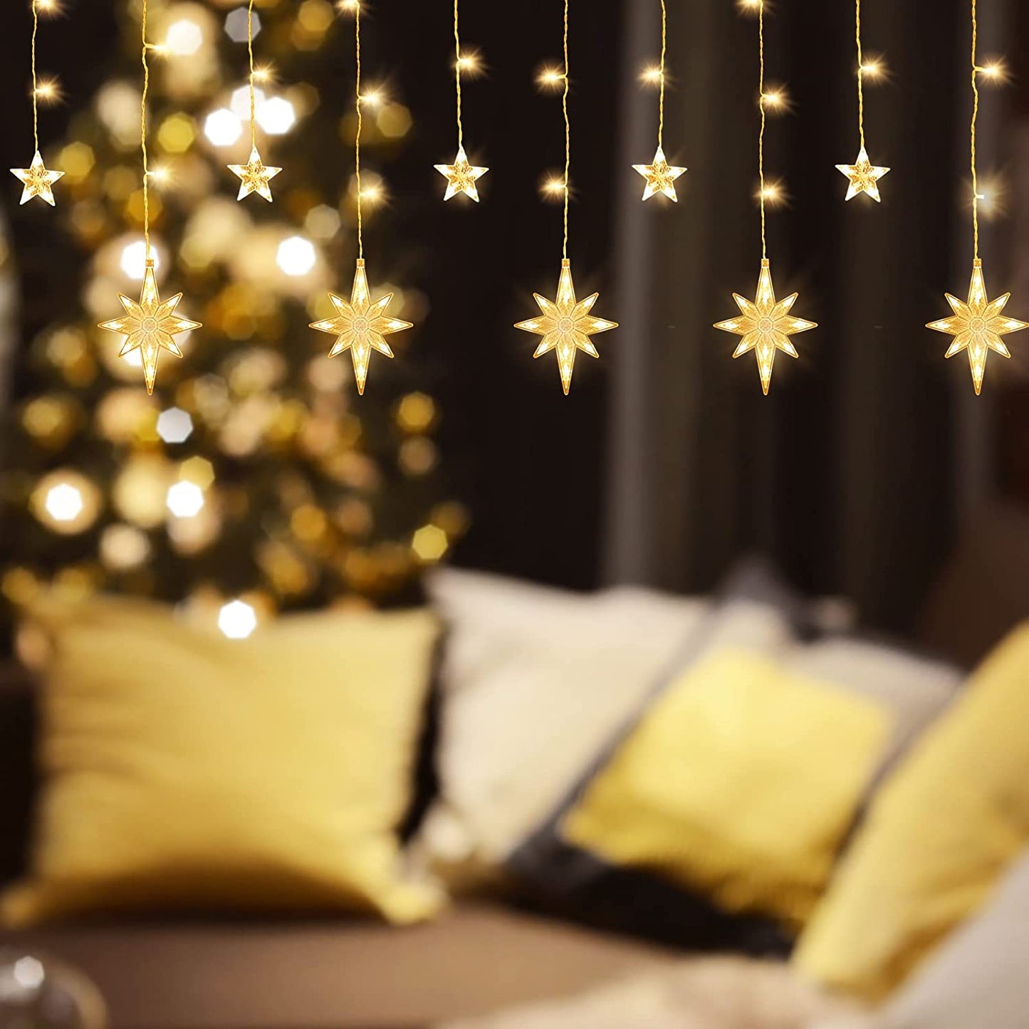 Polaris Star Curtain Lights, 3.5M Battery Fairy Lights with 120Pcs LED, 8 Modes Window Star Curtain Lights, Fairy Lights for Christmas,Bedroom,Wedding,Party,Decorations