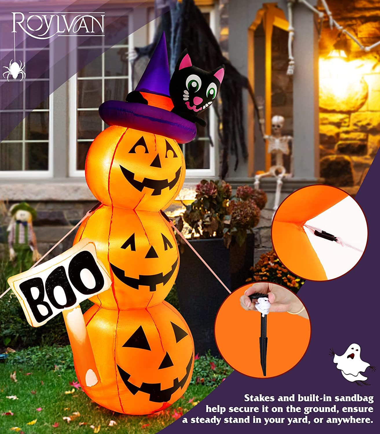 Halloween Inflatable Decoration, 5Ft/1.5M Cute Pumpkins Lamp with Witch Hat Cat Build-In LED Light up Home Yard Garden Lawn for Indoor Outdoor Holiday Party