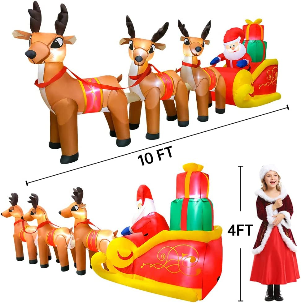 10 FT Long Christmas Inflatable Three Reindeers and Santa Claus Sleigh with Penguin, LED Lights Holiday Blow up Yard Decoration, Xmas Party Outdoor Yard Lawn Winter Decor