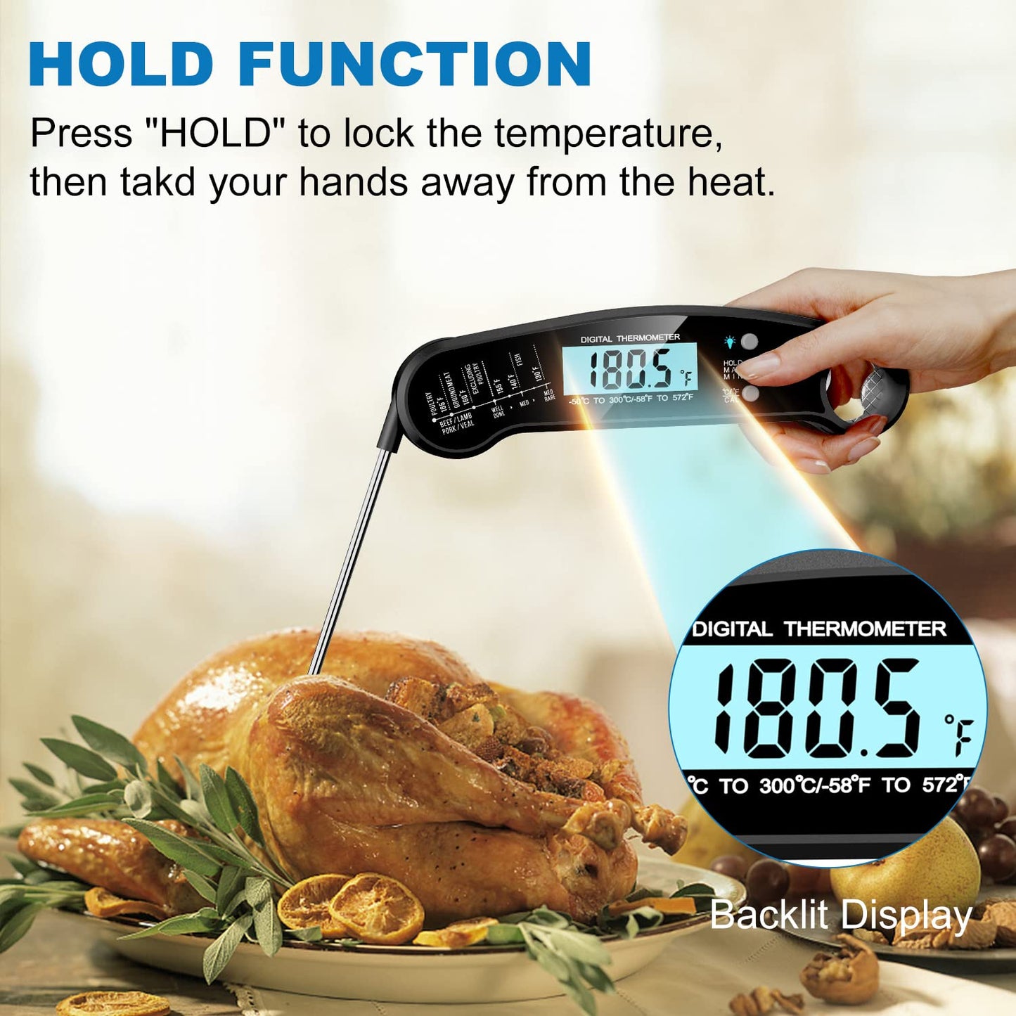 Meat Thermometer with Probe - Instant Read Waterproof Kitchen Digital Food Thermometer for Cooking, Baking, Liquids, Candy, Grilling BBQ & Air Fryer