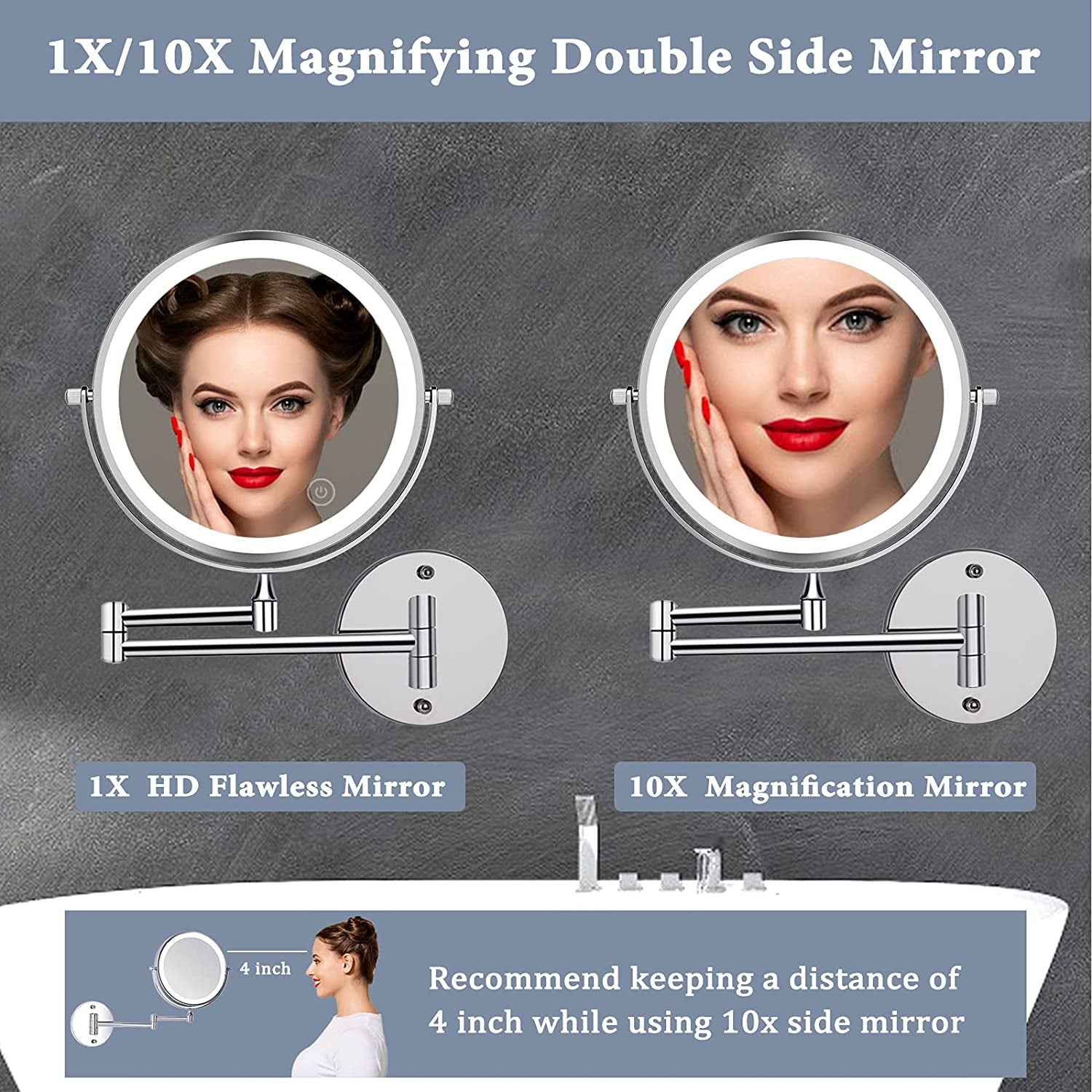 2000Mah Rechargeable Wall Mounted Makeup Mirror with Light 8Inch 1X/10X Magnifying Lighted Makeup Mirror 3 Color Mode,Adjustable Light,Touch Screen,Charge by Usb,Extendable Mirror-Gifts for Women