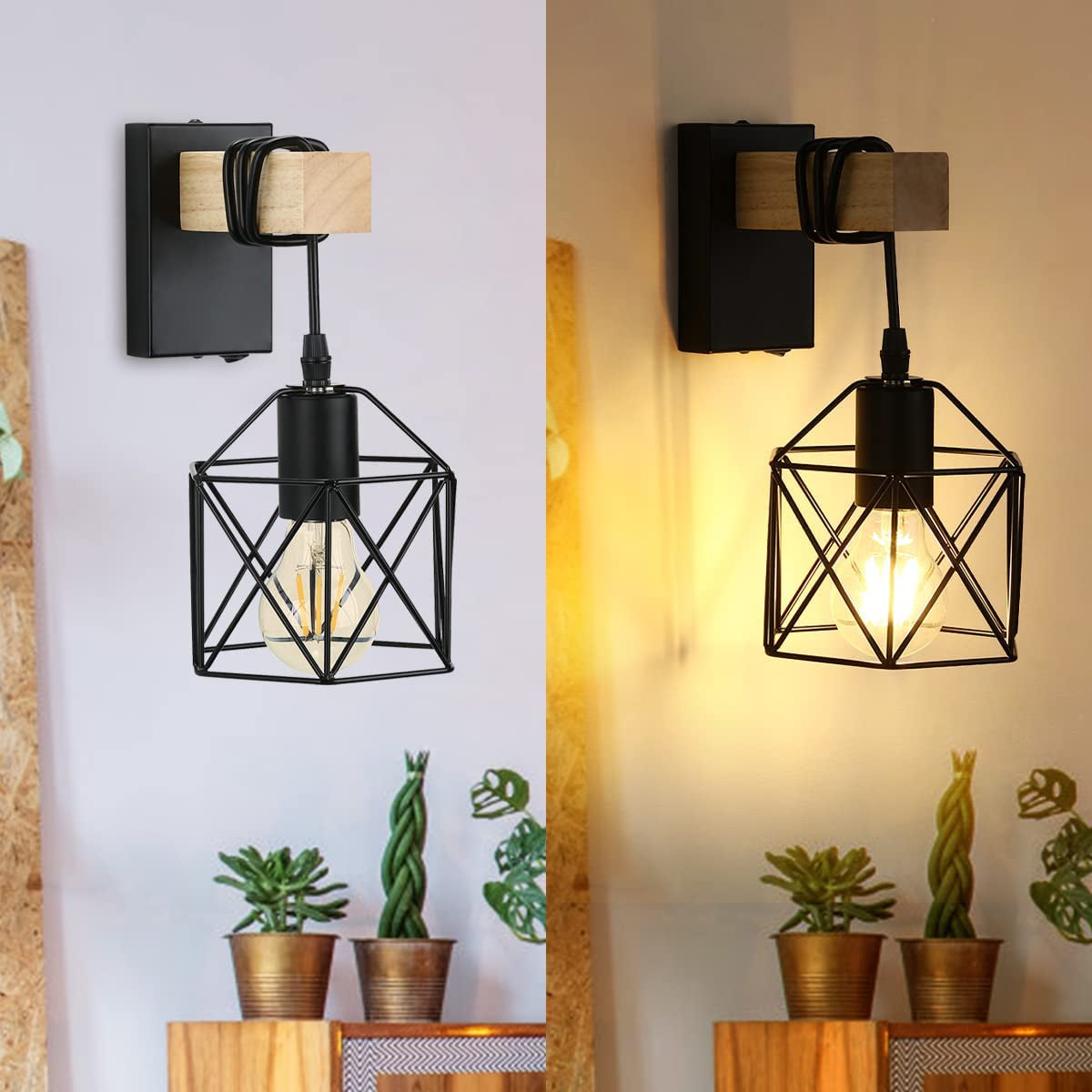Industrial Wall Lights Indoor with Switch, Vintage Wooden Wall Lamp, E27 Black Cage Wall Lights, Wall Sconces Indoor for Farmhouse, Living Room, Bedroom, Hallway, Stairwell, Bar (2 Pack)