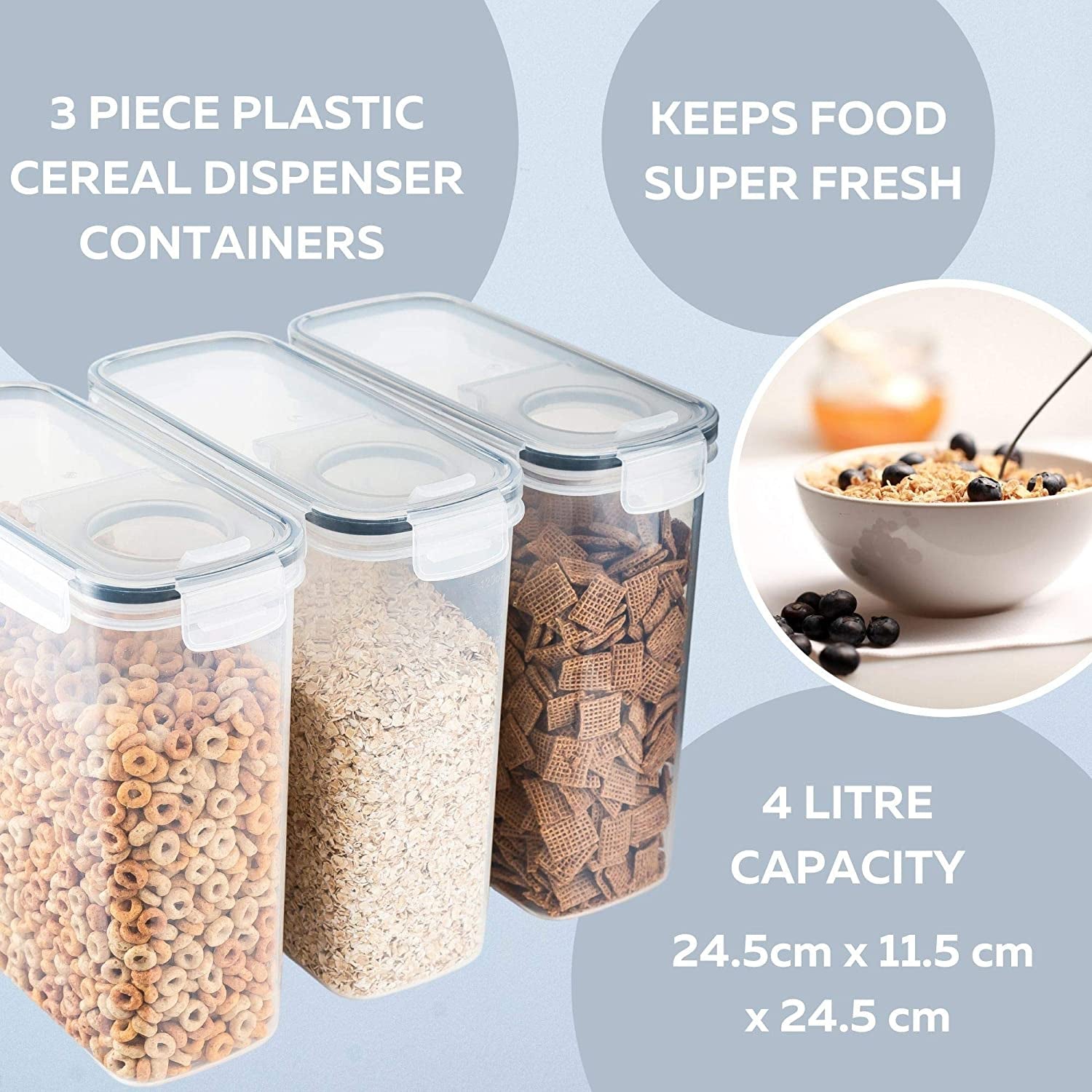 Cereal Storage Containers – 3Pcs Set Plastic Food Storage Containers – Practical Cereal Dispenser – Food Grade and BPA Free – Durable and Easy to Use – Ideal for Cornflakes, Flour Storage