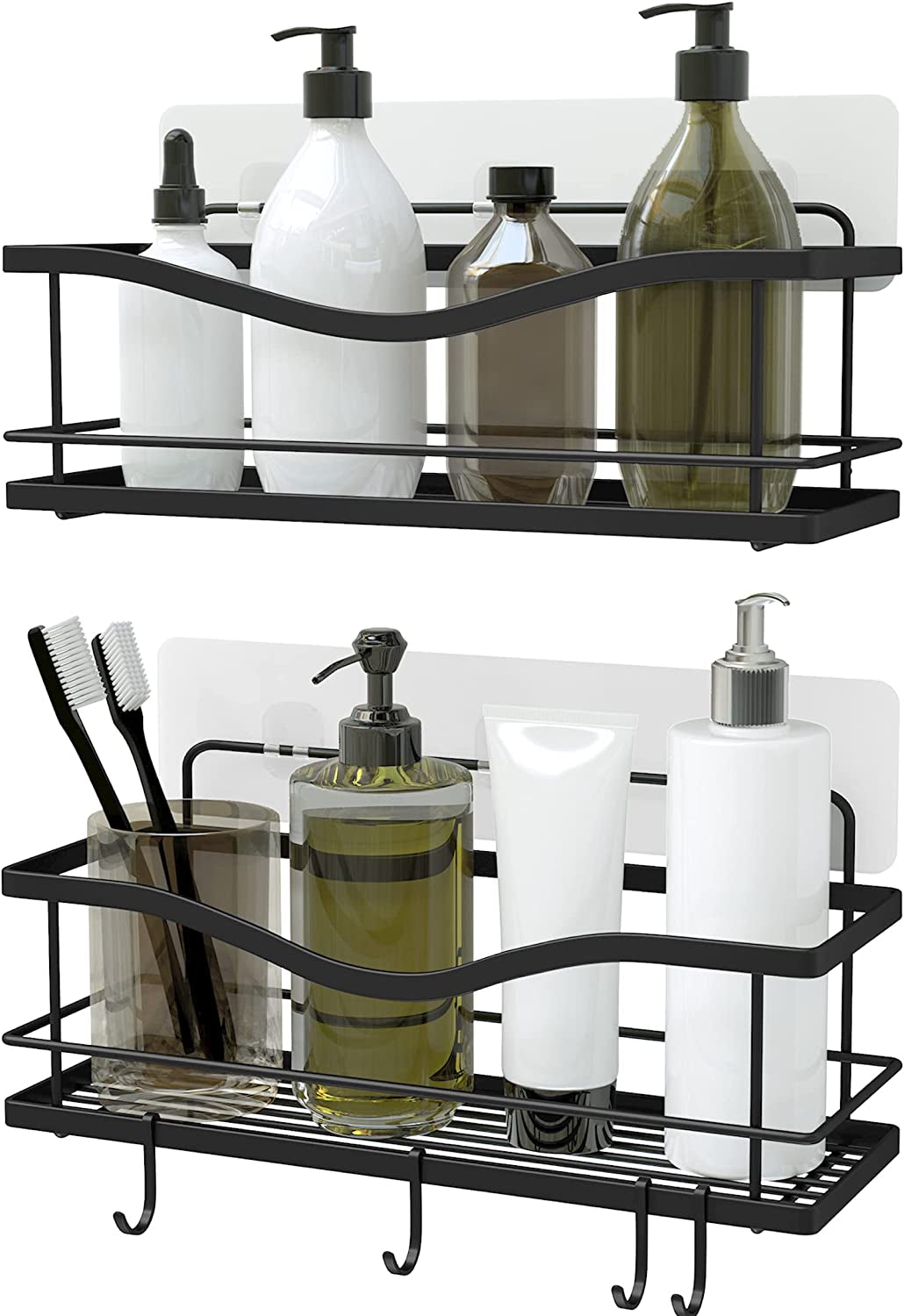 Shower Caddy Basket Shelf Pack of 2 - Adhesive No Drilling Kitchen or Bathroom Wall Racks - Black Shower Storage Shelves for in Shower W/ Hooks for Accessories
