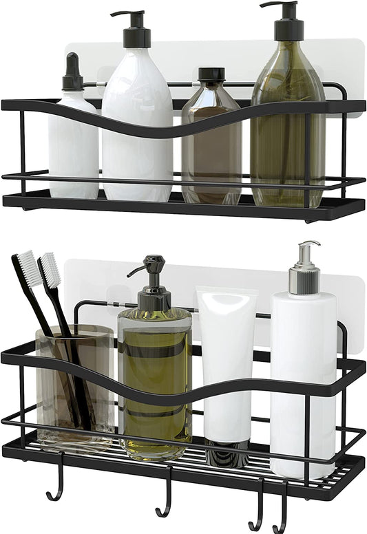 Shower Caddy Basket Shelf Pack of 2 - Adhesive No Drilling Kitchen or Bathroom Wall Racks - Black Shower Storage Shelves for in Shower W/ Hooks for Accessories