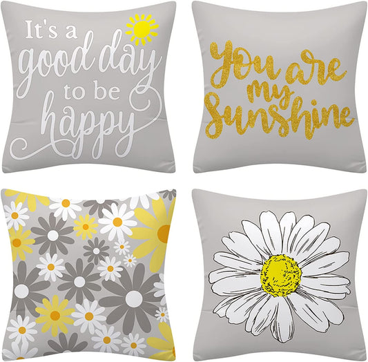 Floral Yellow and Grey Cushion Covers for Sofa, Double Sided Letter-Printed Throw Pillow Covers, Pack of 4 Square Daisy Pillowcase for Living Room & Bedroom 40 Cm X 40 Cm(16 X 16 Inch)