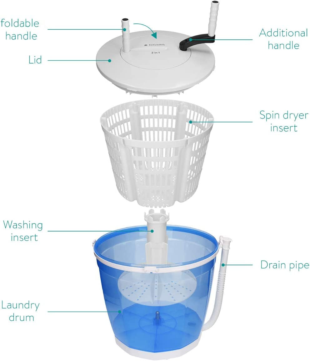 2-In-1 Mini Washing Machine and Spin Dryer - Holds up to 2 Kg - Portable Hand Cranked Non-Electric Top Washer/Dryer for Camping, Caravans