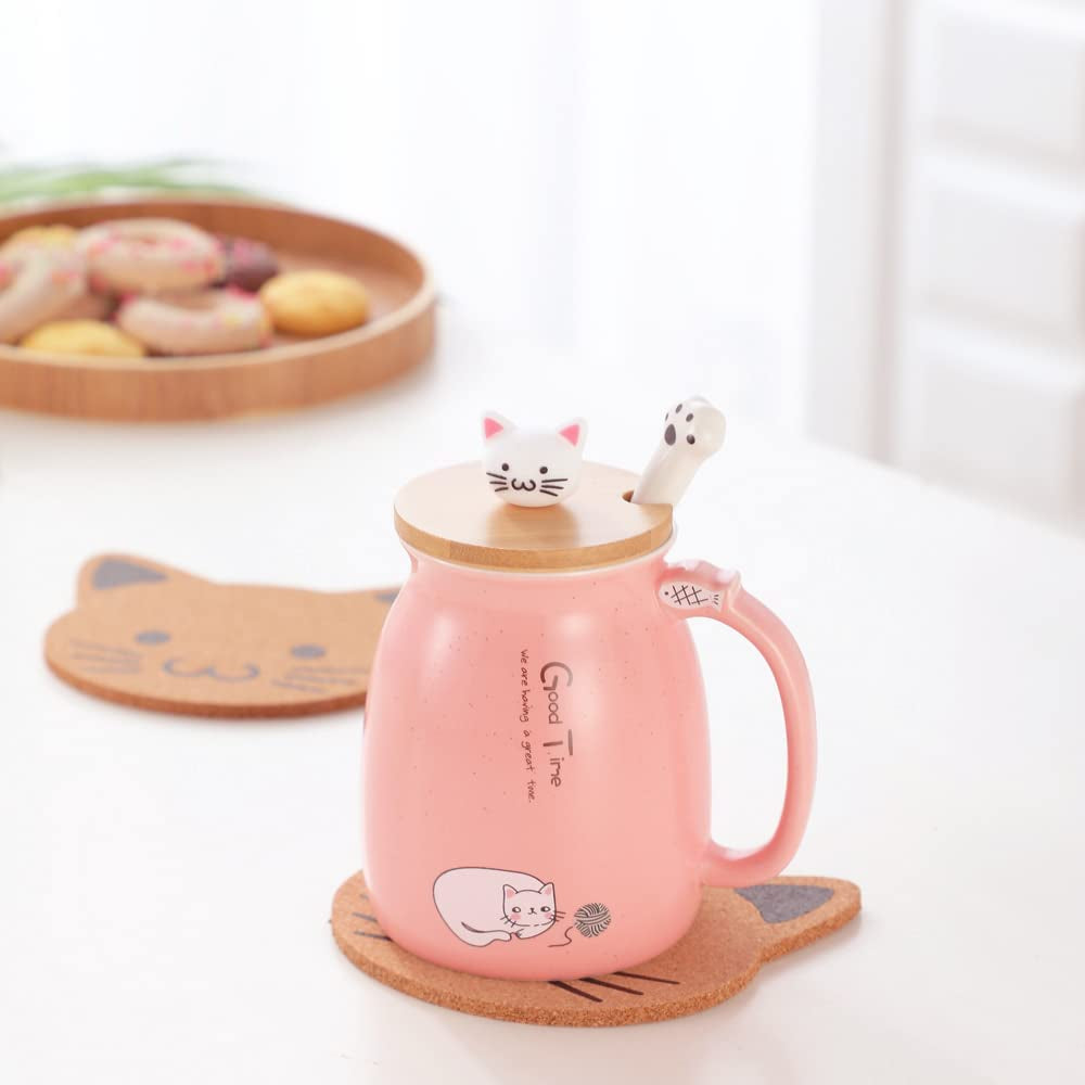 Cat Mug Cute Ceramic Coffee Cup with Lovely Kitty Lid Spoon,Morning Cup Tea Milk Christmas Mug 380ML