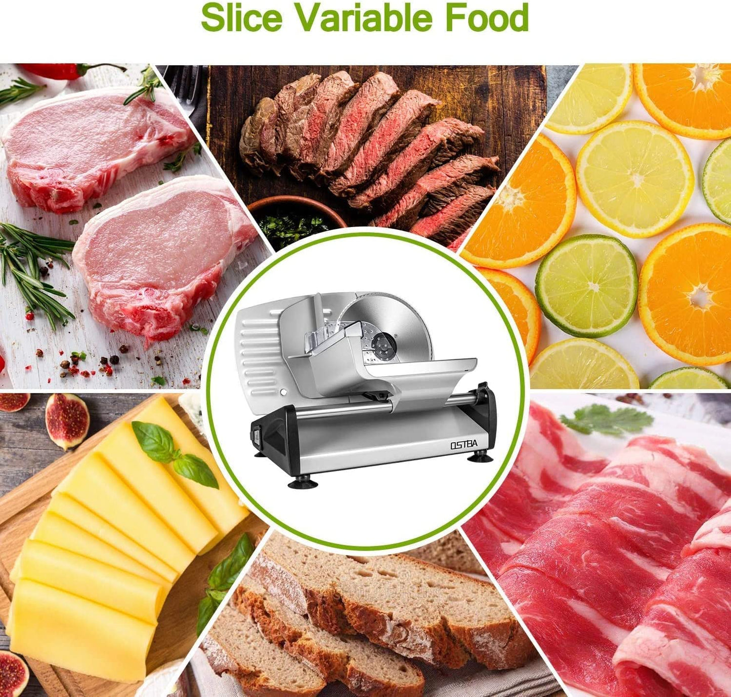 Meat Slicer Electric Deli Food Slicer with Child Lock Protection, Removable 19Cm Stainless Steel Blade and Food Carriage, 0-15Mm Adjustable Thickness Food Slicer Machine for Meat, Cheese, Bread, 200W