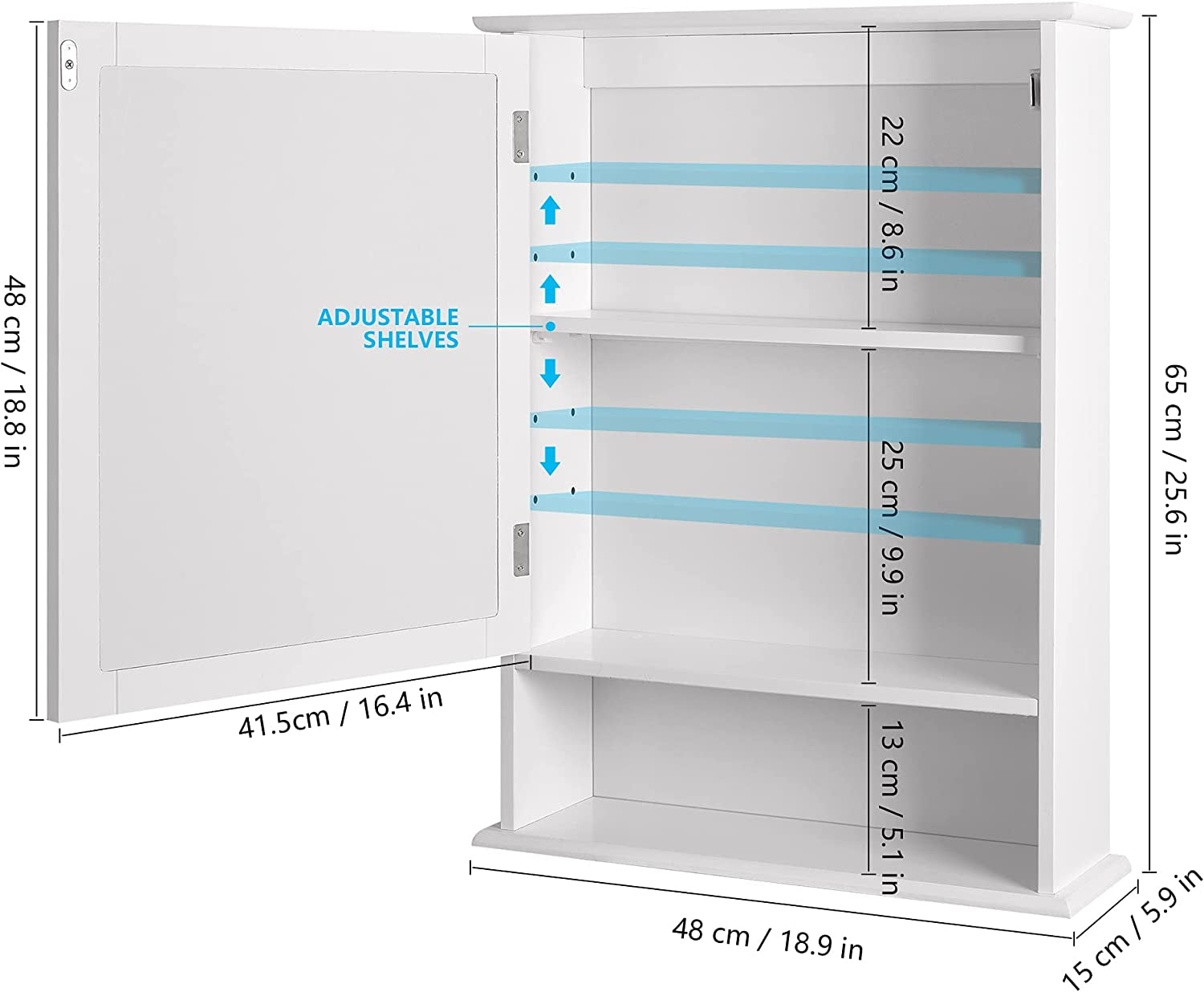 Bathroom Medicine Cabinet Wall Mounted Mirror Cabinet with Single Doors and Adjustable Shelf, Accent Home Furniture Wooden Storage Cabinets Organizer, White