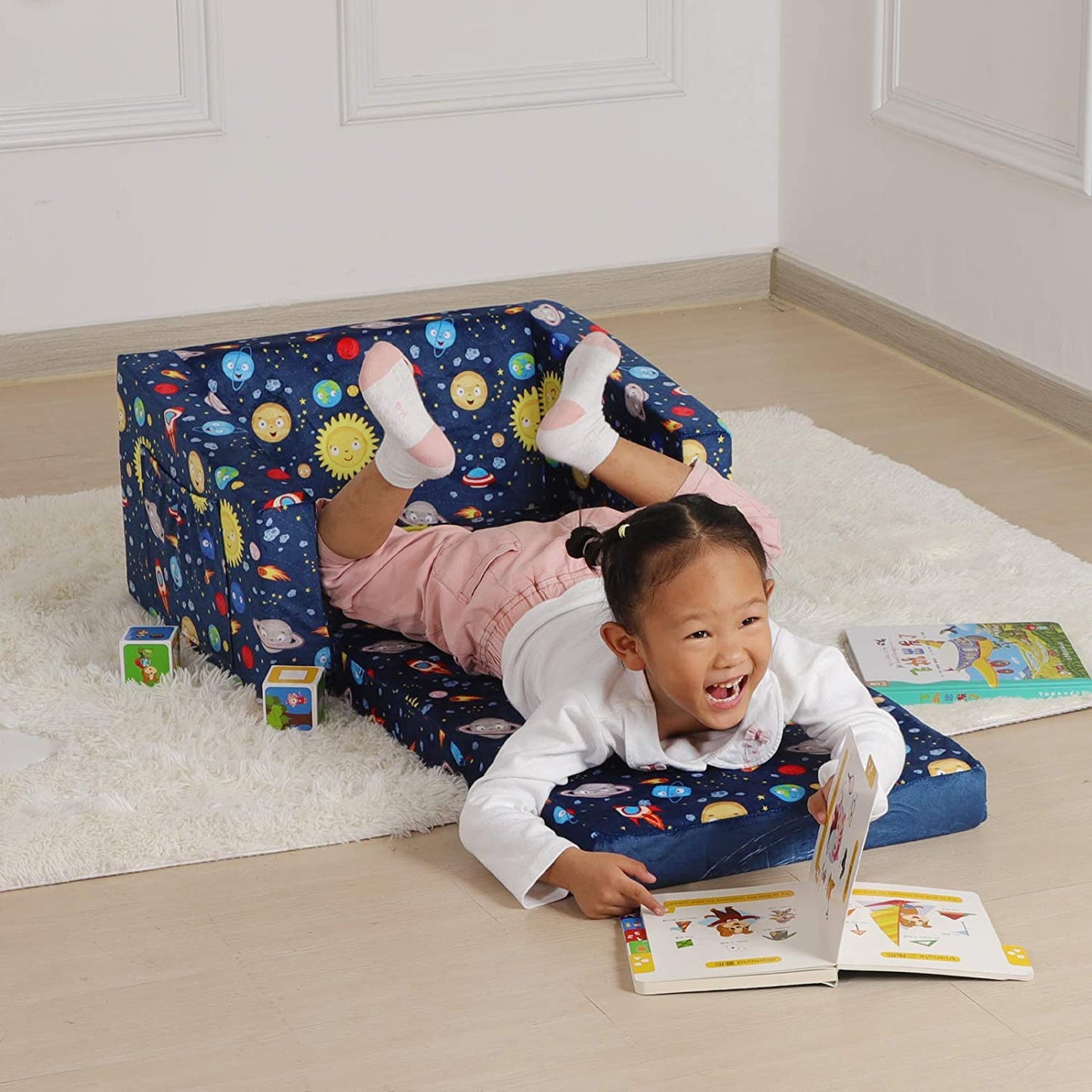 Kid Sofa Chair, Children 2 in 1 Flip Open Foam Sofa Bed for Ideal Kid Birthday Gift (Blue)