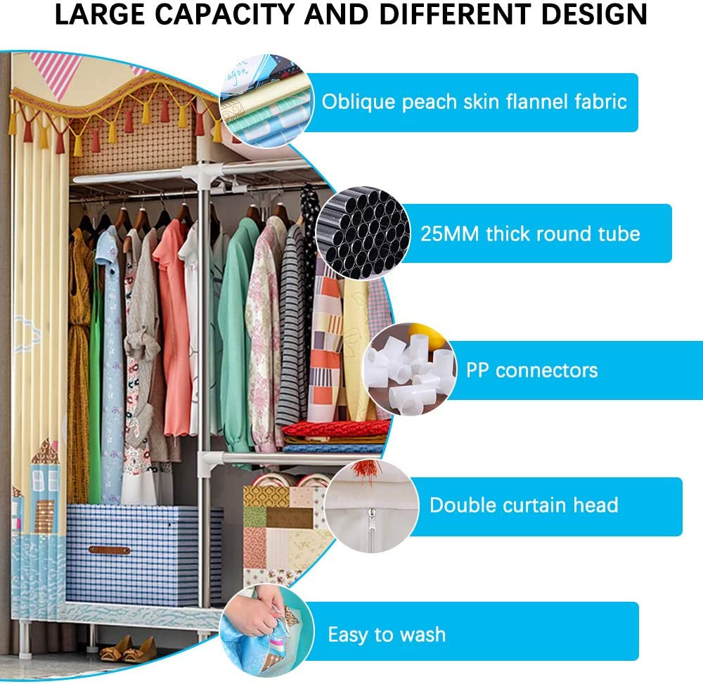 Extra Large Fabric Wardrobe with Compartments and 2 Side Pockets, Textile Wardrobe, Cupboard, Camping Wardrobe with Clothes Rail for Clothing, Dressing Room, Bedroom (British Style)