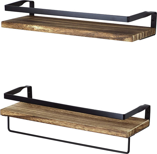 Rustic Brown with Black Floating Shelves for Bathroom - Wall Mounted Shelves for Bedroom, Living Room, Kitchen Wall Shelves – Solid Wooden Shelves, Set of 2 Floating Shelves with Rail