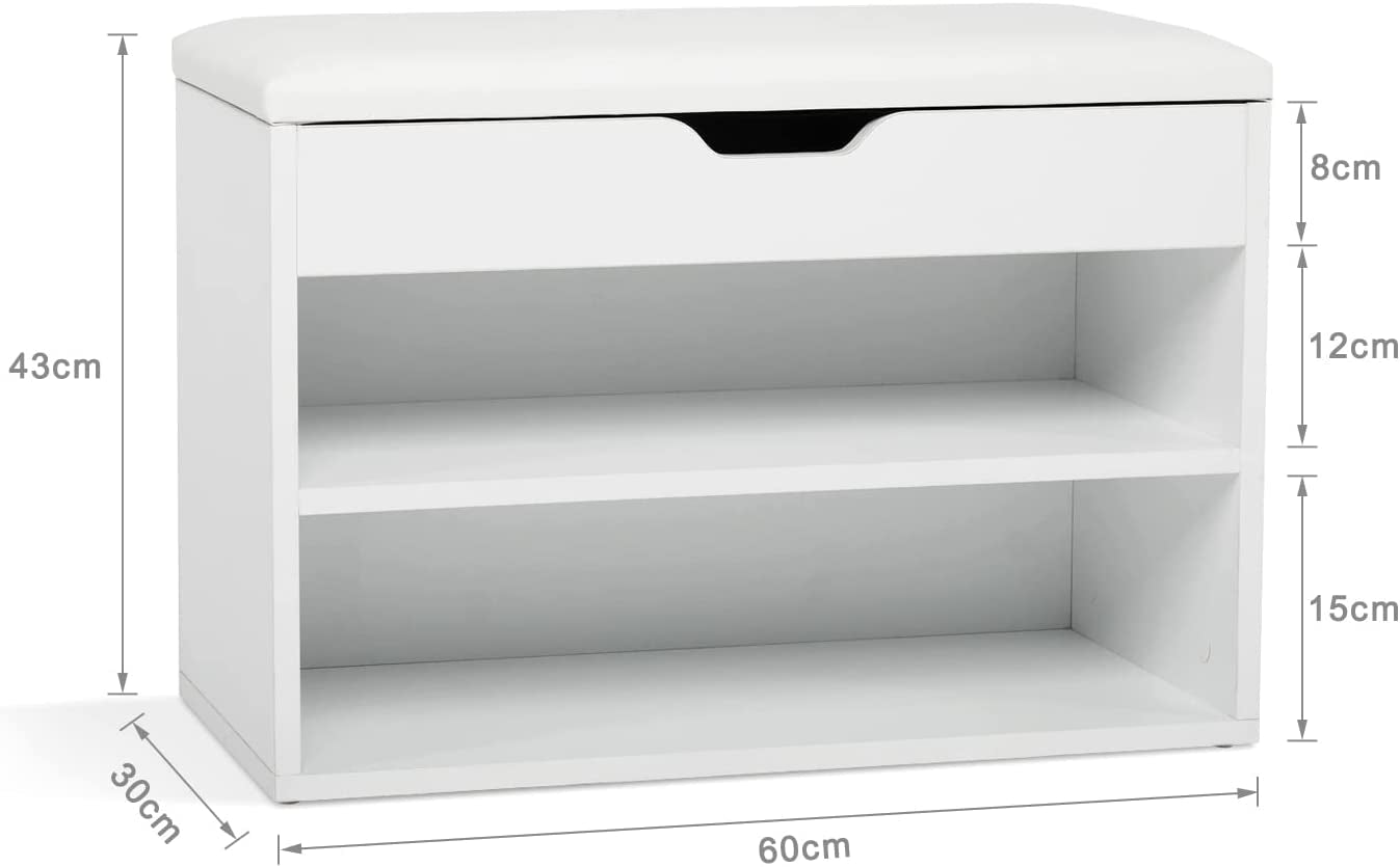 Shoe Storage Bench, Shoe Cabinet with Storage Seat, 60 X 30 X 43 Cm Wooden White Small Unit for 8 Pairs Shoes