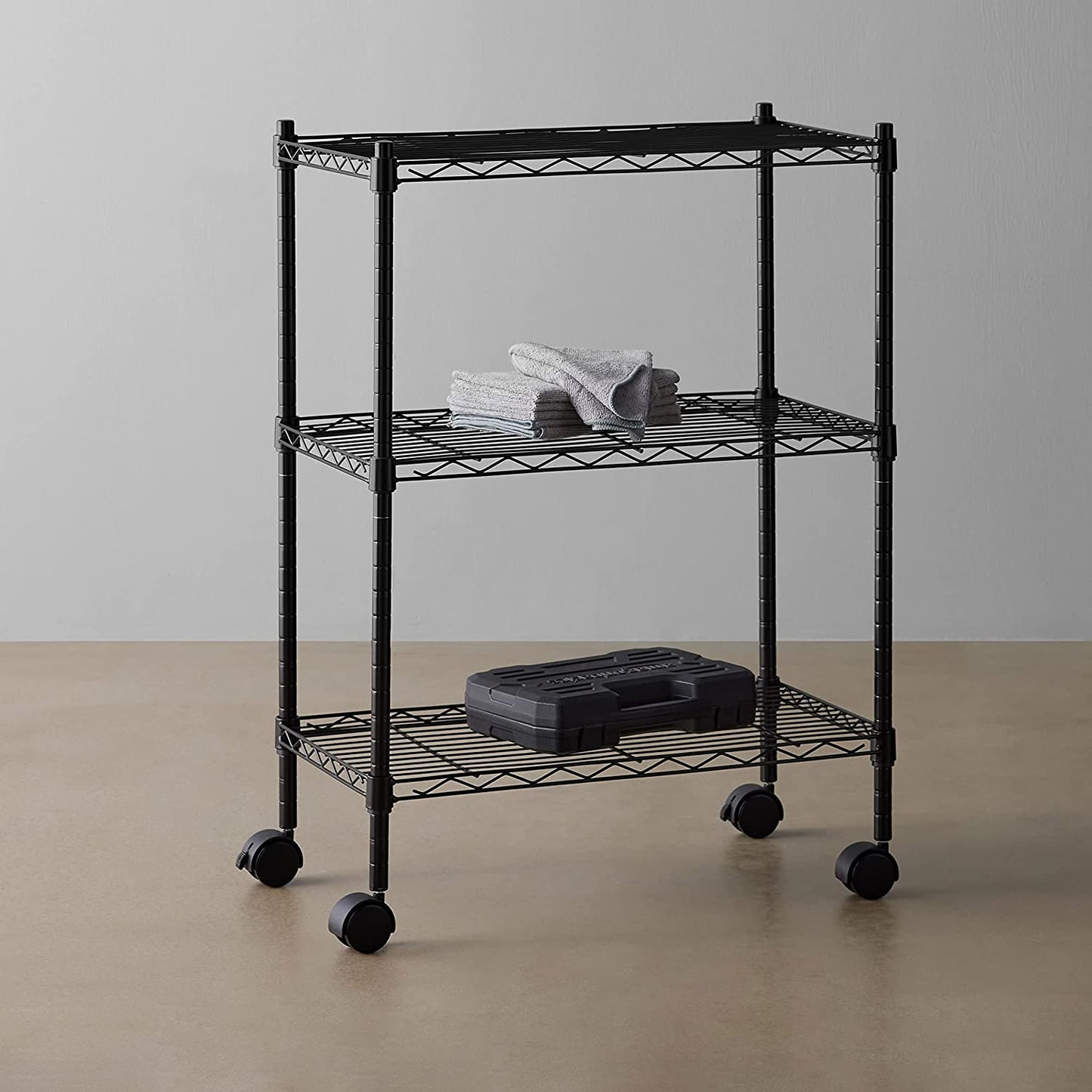 3-Shelf Storage Unit on Wheels with Height Adjustable Shelves and Adjustable Levelling Feet - 340Kg Max Weight, Black