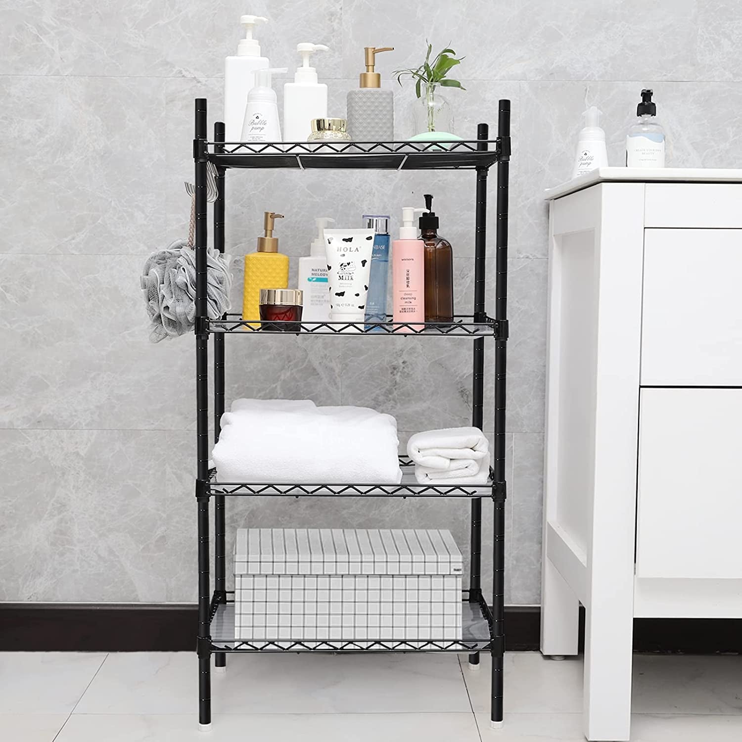 4 Tier Shelving Unit,  Metal Shelving Unit Free Standing Small Storage Rack with 4 Hooks, Wire Organisation Racking Shelves for for Pantry Kitchen Livingroom Bathroom Office, 45*30*90 CM