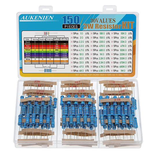 3W Resistor Kit 30 Values 150Pcs 3 Watt Metal Film Fixed Resistors Assortment Pack 1 to 1M Ohm Common Industrial Electrical 3Watt Assorted Resister Set Rohs Compliant with ±1% Tolerance