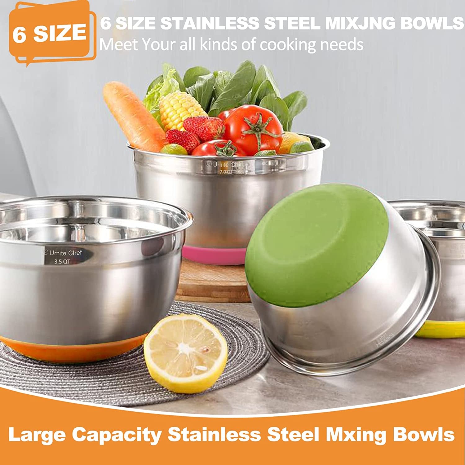 Mixing Bowls with Airtight Lids, 6-Piece Stainless Steel Metal Bowls by , Measurement Marks & Colorful Non-Slip Bottoms Size 7, 3.5, 2.5, 2.0,1.5, 1QT, Great for Mixing & Serving