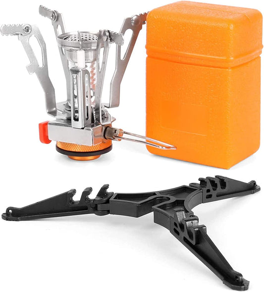 Camping Stove with Fuel Can Stabilizer, Portable Windproof Camping Gas Stove with Carry Case, Mini Foldable Gas Tank Tripod, Pocket Stove Perfect for Camping, Hiking and Trekking