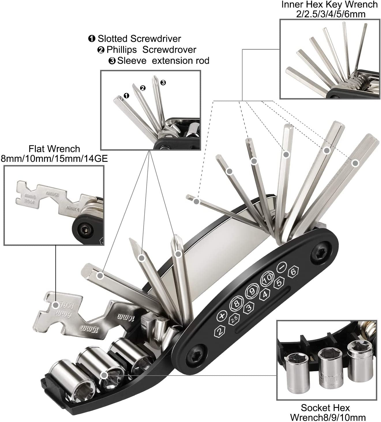 Bike Tool Kit,16 in 1 Bike Multifunction Tool with Patch Kit & Tire Levers, Bicycle Fix Tool Kit, Bike Puncture Repair Kit,Bike Cycling Repair Tools Bundle, Cycle Maintenance Kits Set with Pouch