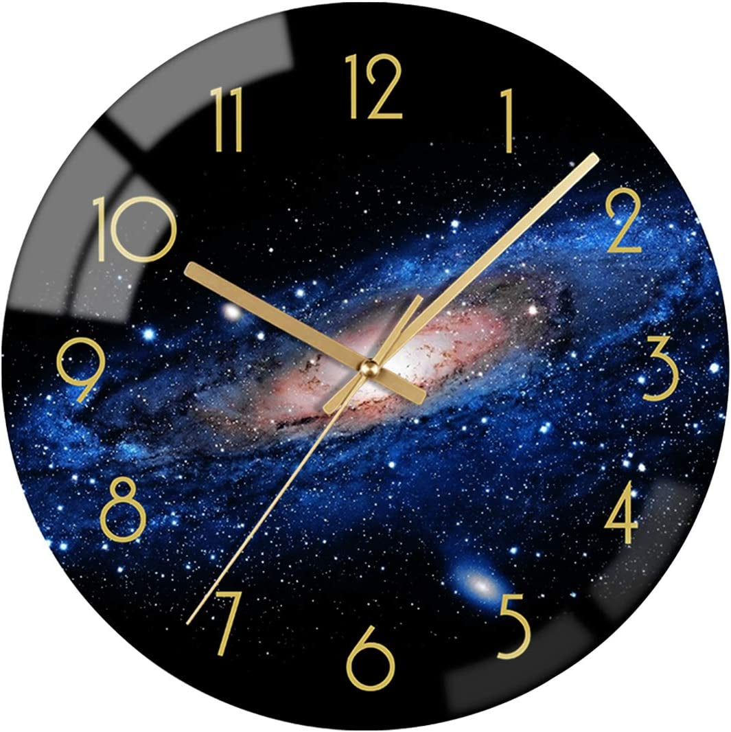 Black Arabic Numerial Wall Clock 12 Inch Silent Quality Quartz Battery Operated Wall Clocks- round Glass Wall Clocks for Kitchen, Living Room, Dining Room and Bedroom - Night Sky Pattern