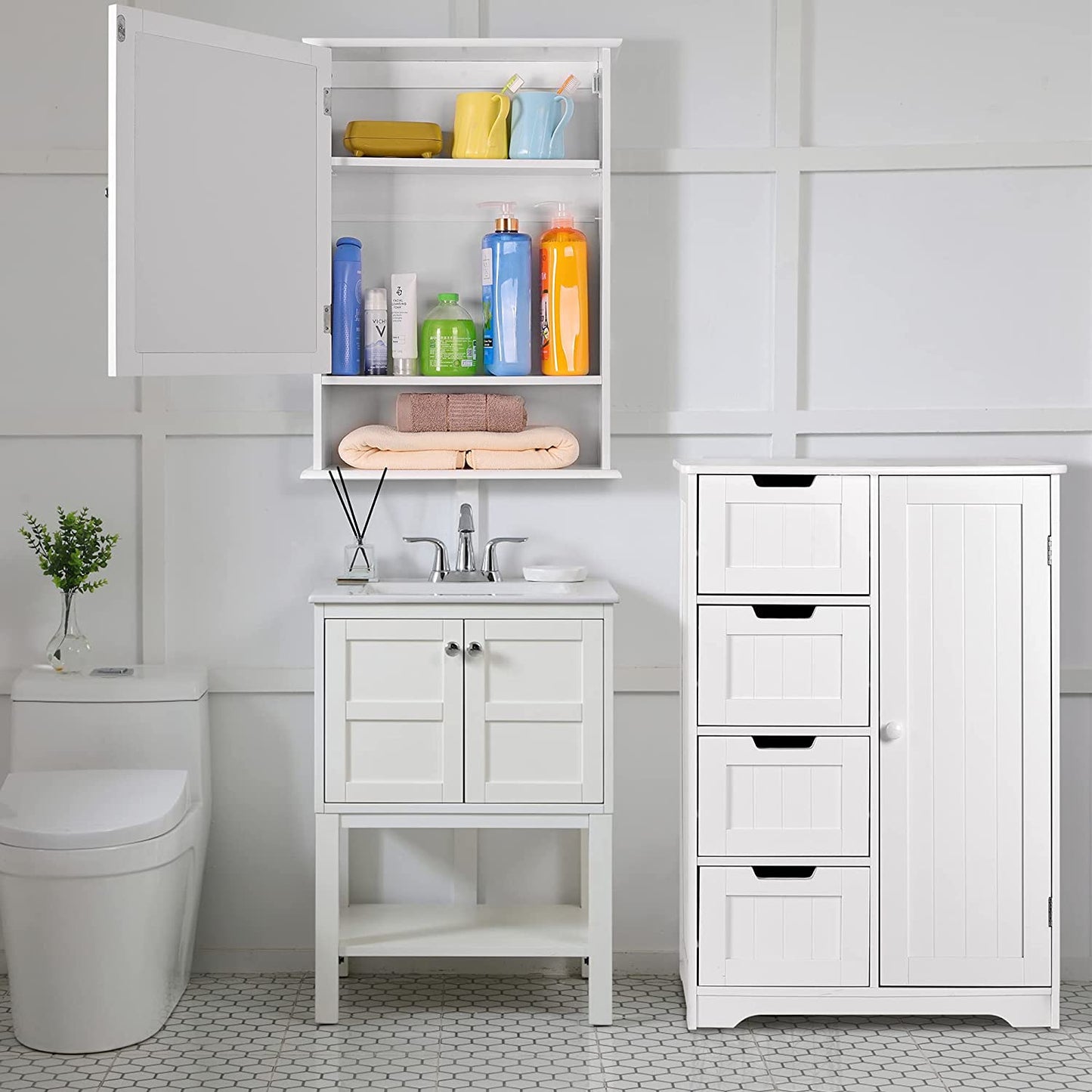 Bathroom Medicine Cabinet Wall Mounted Mirror Cabinet with Single Doors and Adjustable Shelf, Accent Home Furniture Wooden Storage Cabinets Organizer, White