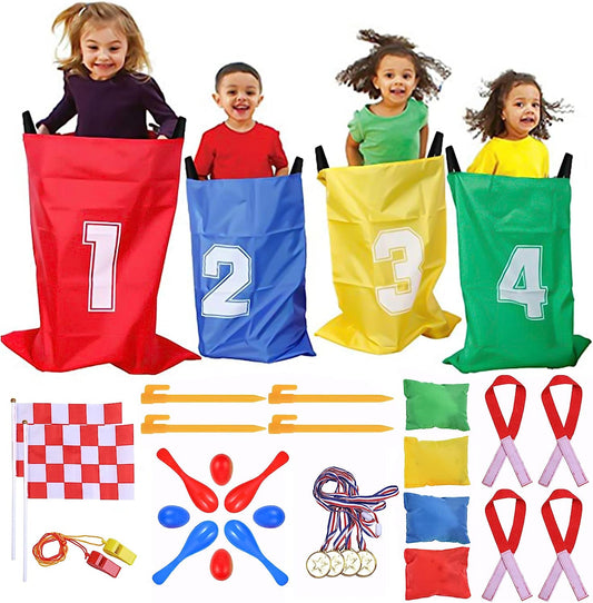 32 Pcs Sports Day Kit, Sack Race Set Bean Bag Toss Fun Outdoor Garden Family Game for Adults and Kids, Includes 4 Coloured Sack, 4 Eggs, 4 Spoons, 4 Bean Bags, 2 Whistles and Other