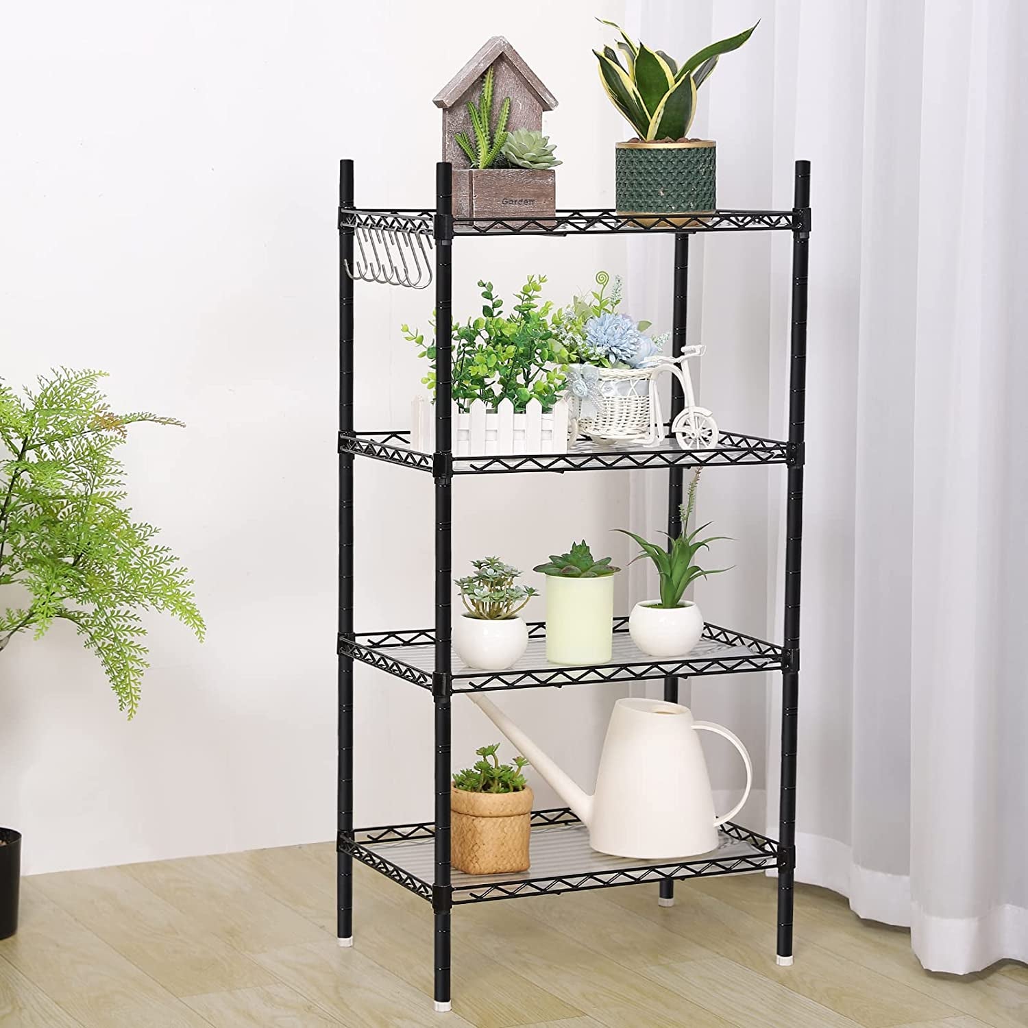 4 Tier Shelving Unit,  Metal Shelving Unit Free Standing Small Storage Rack with 4 Hooks, Wire Organisation Racking Shelves for for Pantry Kitchen Livingroom Bathroom Office, 45*30*90 CM