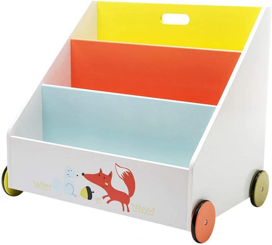 2-In1 Well Bookcase on Wheels for Toddler Toy Storage Unit Wooden Toy Box Creative Bookcase with Cute Animal Patterns Orange Fox’