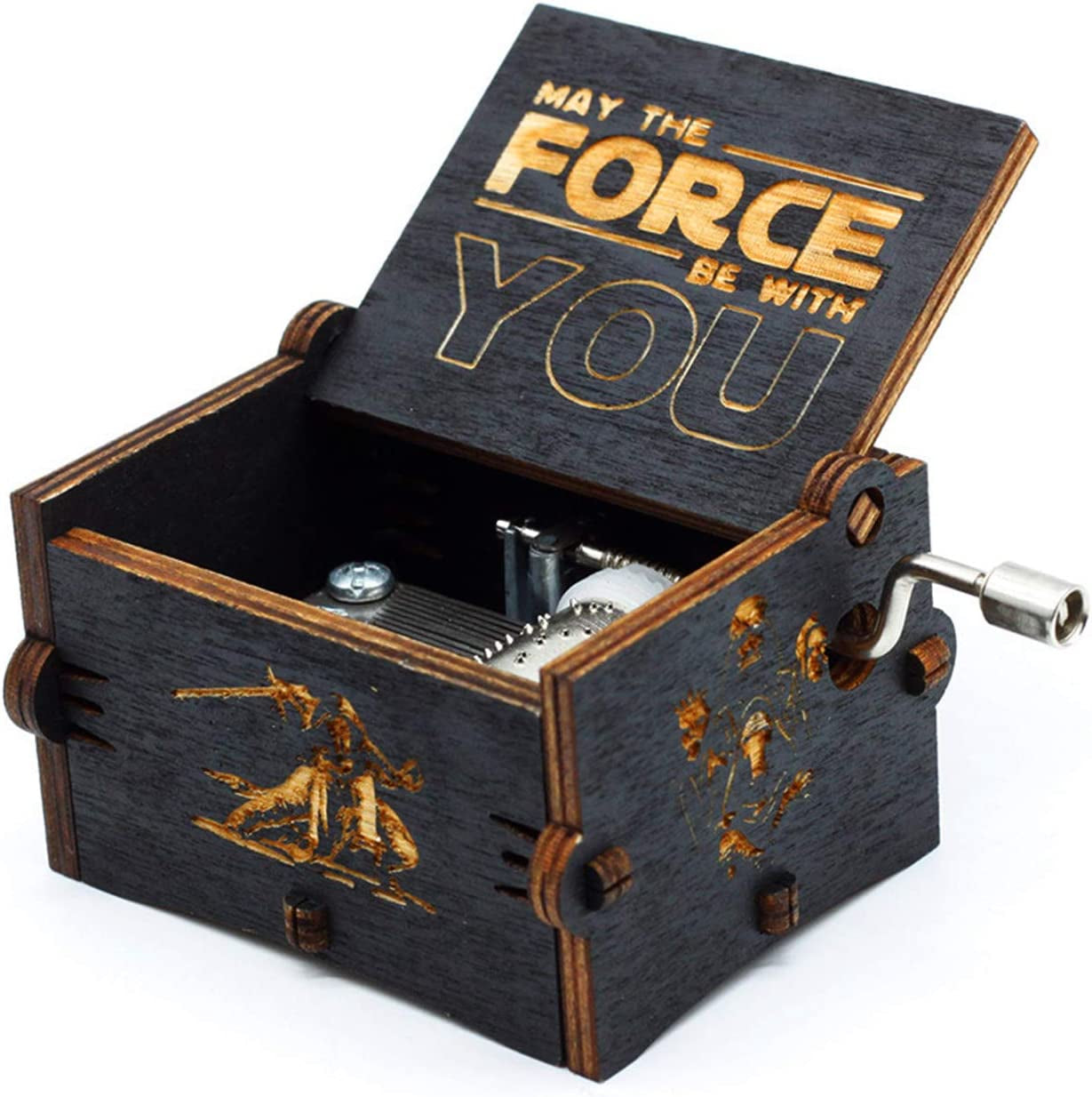 Black Wood Star Wars Music Box, Antique Carved Hand Cranked Wooden Musical Boxes Home Decoration Crafts for Children Gifts