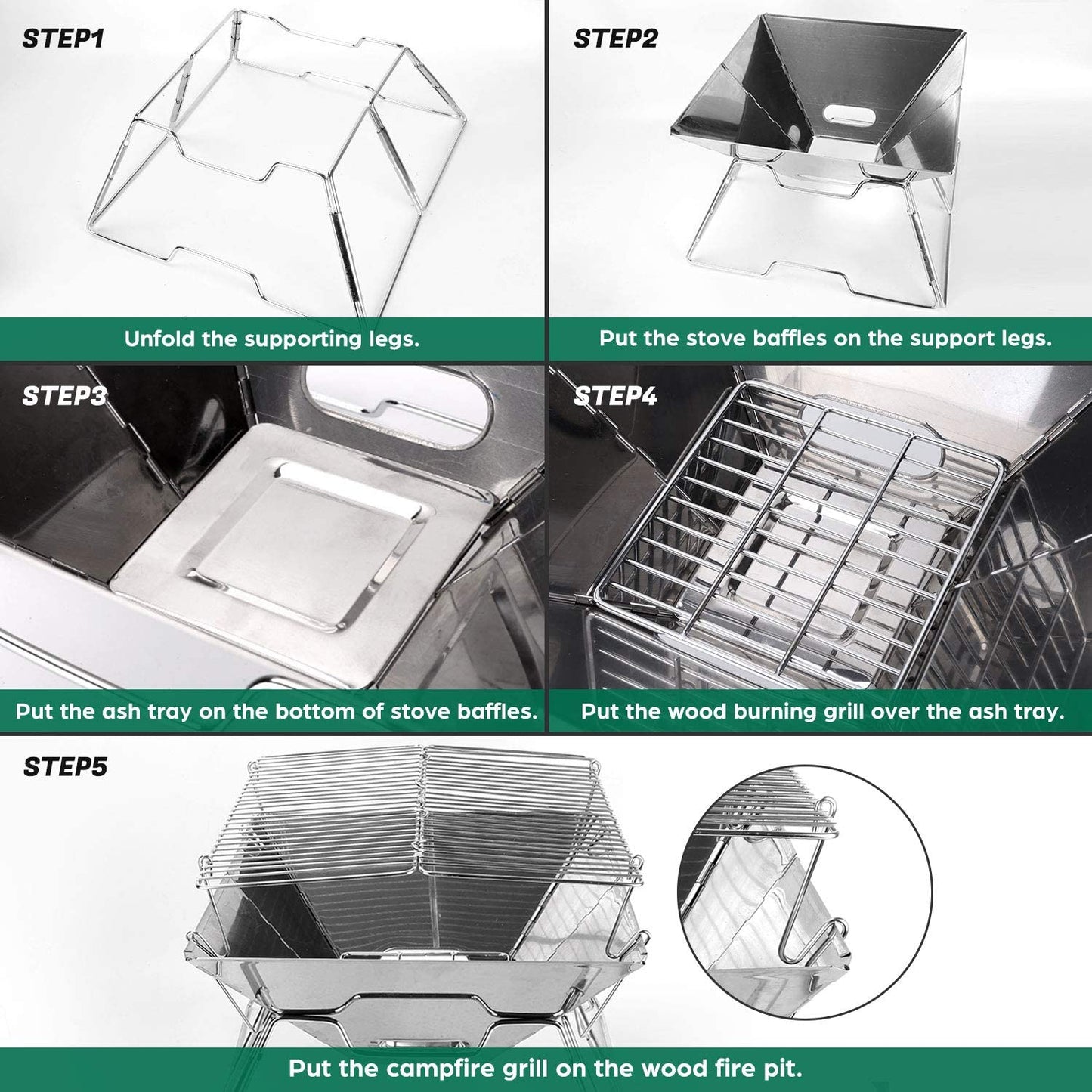 Collapsible Campfire Grill Camping Fire Pit, 304 Stainless Steel Grill Gate, Heavy Duty Portable Camping Grill with Carrying Bag, M