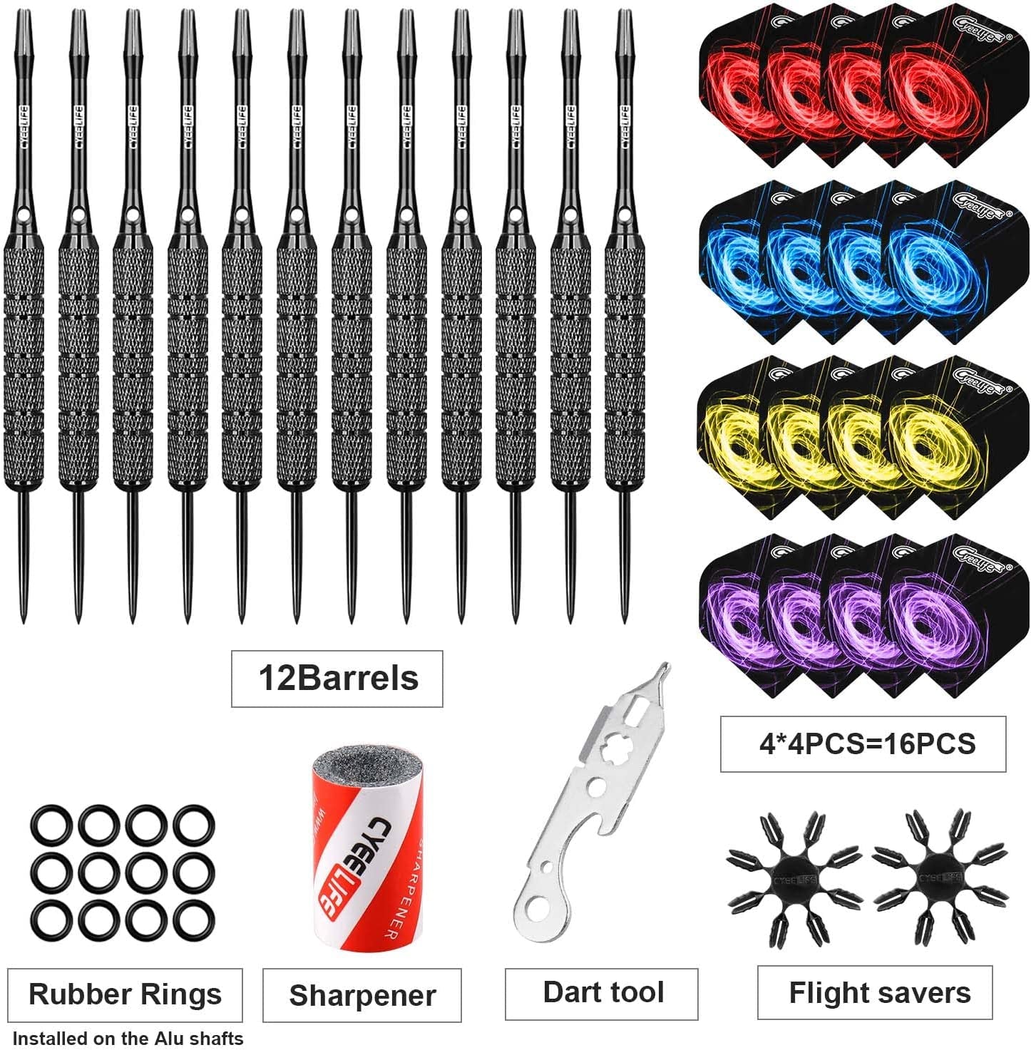 Cyeelife Steel Tip Darts 20/30/34/40G with 16 Flights+Sharpener+Tool+Protectors+12 Aluminium Shafts with Rubber Rings for 4 Beginners Home Darts