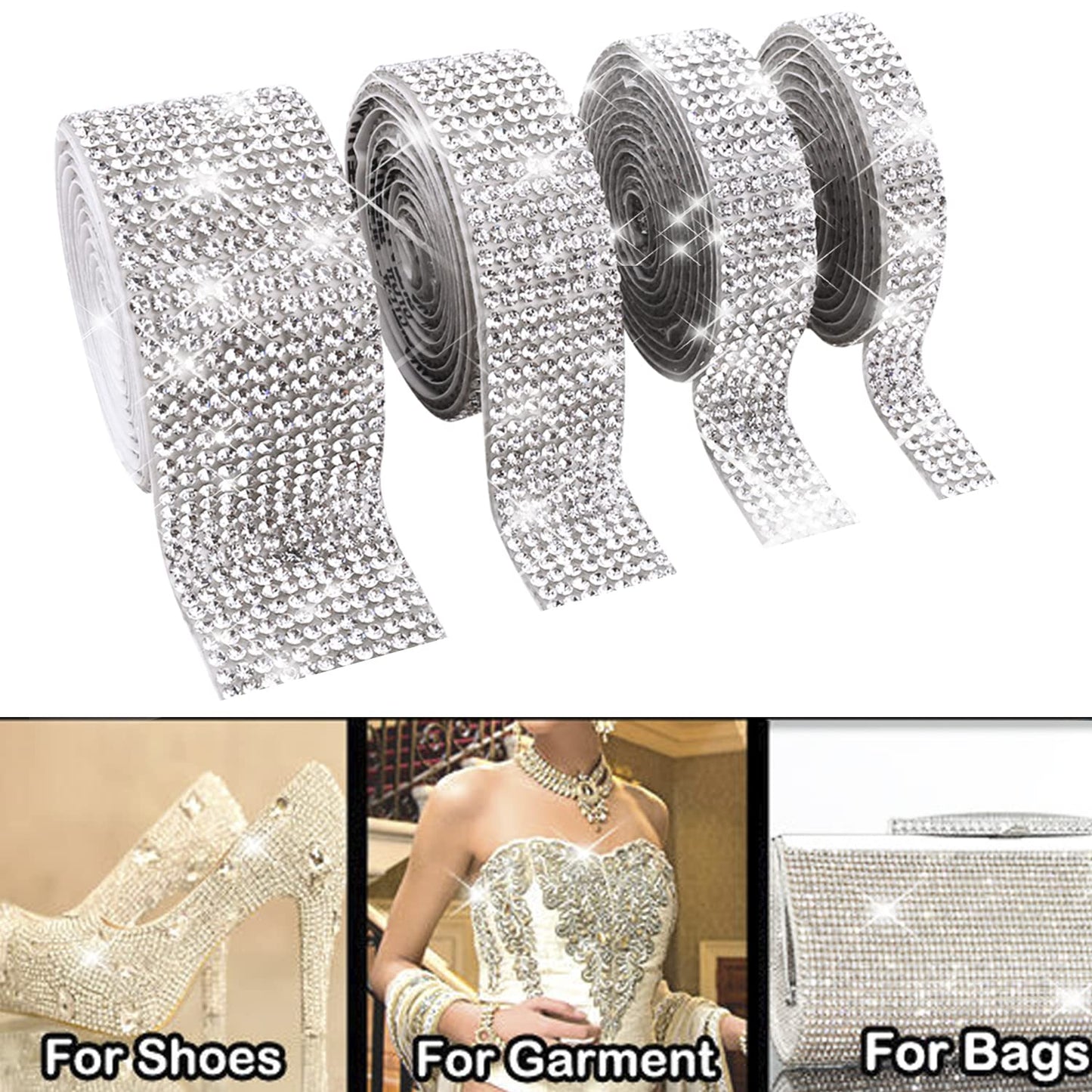 4 Rolls Silver Rhinestones Diamond Ribbon, 3.6Yard Strip Self-Adhesive Crystal Bling Home Accessories Photo Strip Stickers on Gems Glitter Wallpaper for Bedroom Clothes Party Phone DIY Crafts Decorate