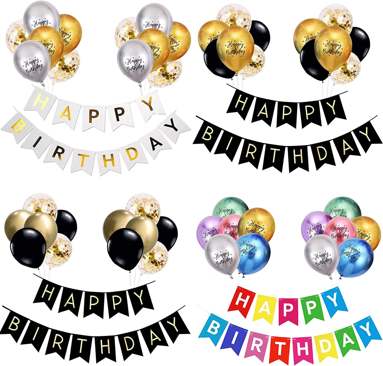 Happy Birthday Banner, Black Gold Party Decorations Happy Birthday Bunting Banners, 12 Inch Happy Birthday Balloons Perfect for Birthday Party Decorations