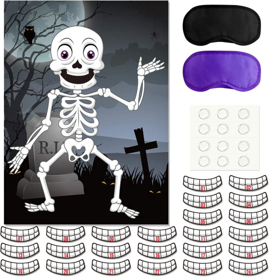 FEPITO Pin the Teeth on the Skeleton Skull Halloween Party Game with 24 Pcs Teeth Stickers for Halloween Party Favors, Halloween Decorations