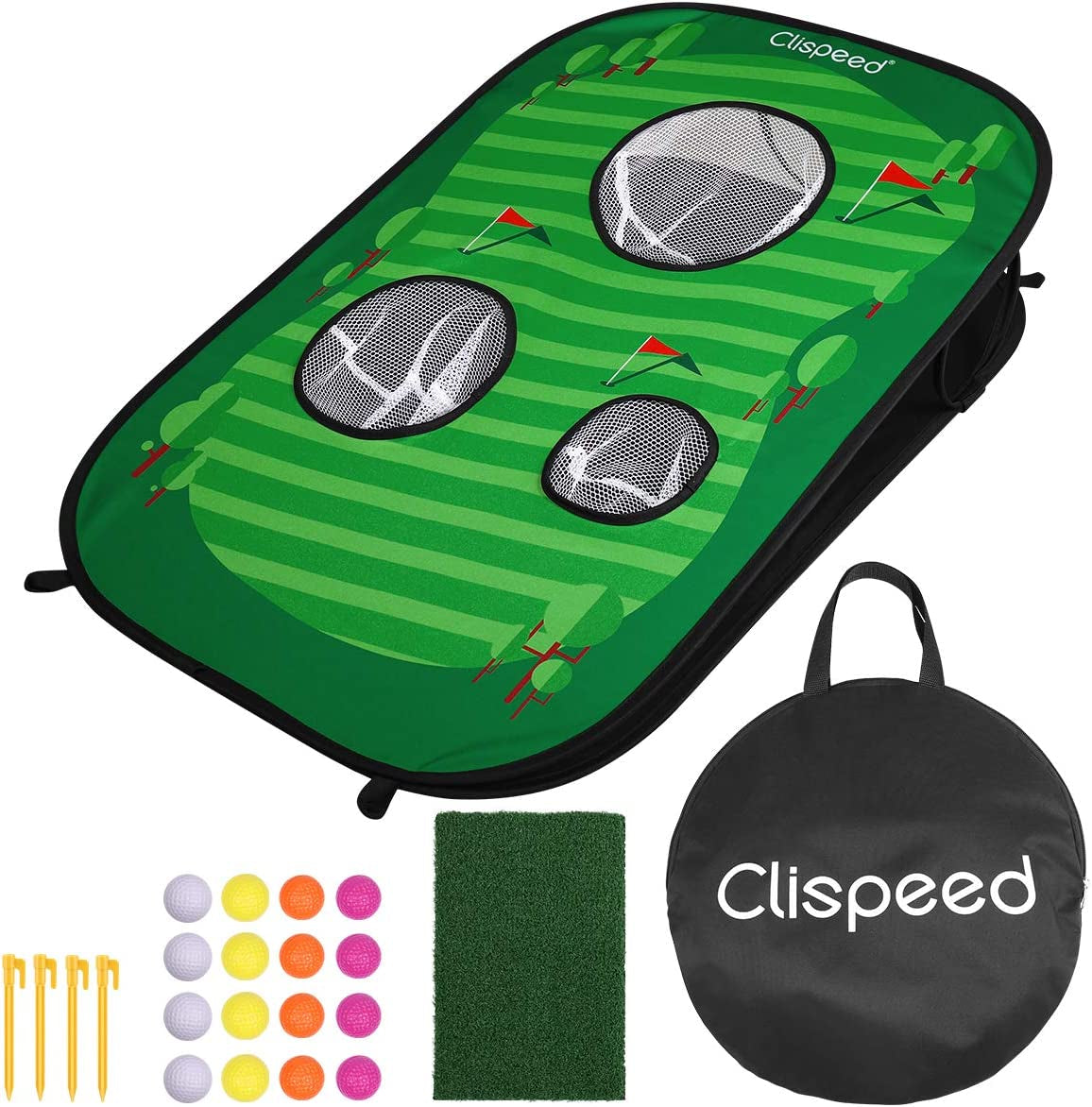 Backyard Golf Cornhole Game Set Pop up Golfing Chipping Net Includes 16 Training Balls,1 Hitting Mat and 4 Stakes