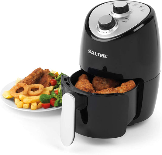 EK2817 Compact 2L Hot Air Fryer with Removable Frying Rack, Adjustable Temperature Control, 30 Minute Timer, Auto Shut Off, 1000 W, Perfect for Small Households & Student Living, Black/Silver