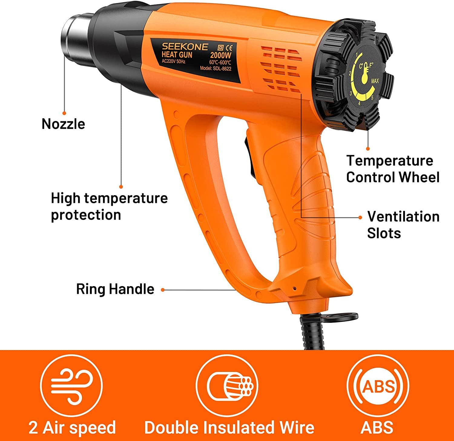 2000W Heat Gun,  Hot Air Gun Kit Variable Temperature 60℃- 600℃ with 2-Temp Settings 7 Accessories Ceramic Heating Core Double Heating Wire Overload Protection for Removing Paint, Shrinking PVC