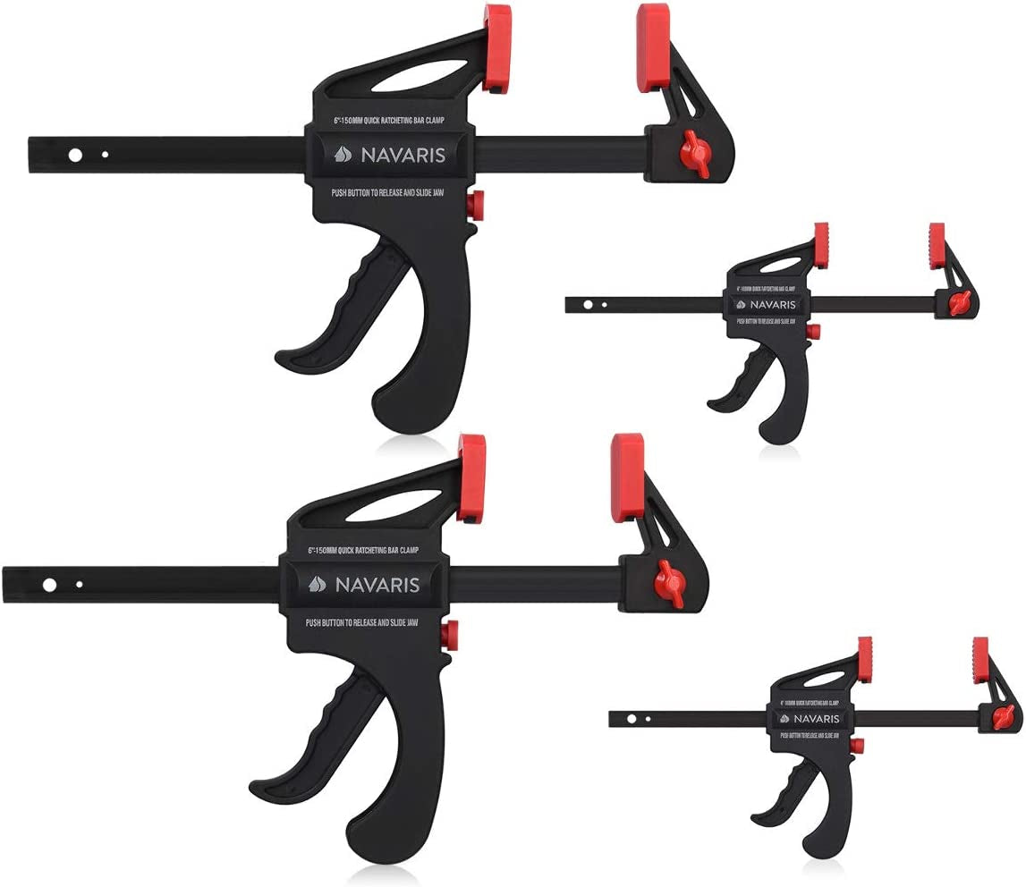 Navaris Quick Grip Bar Clamps - Set of 4 One Hand Quick-Release Bar Clamp Tools 20 Kg and 60 Kg Clamping Force - 4 Inch and 6 Inch / 10 Cm and 15 Cm