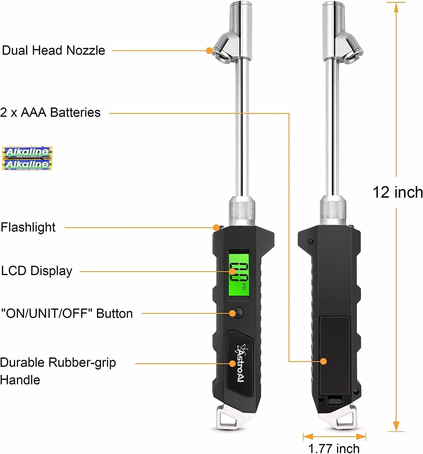 Digital Tyre Pressure Gauge, 230 PSI RV Heavy Duty Dual Head Stainless Steel Made for Truck Car with Larger Backlit LCD and Flashlight