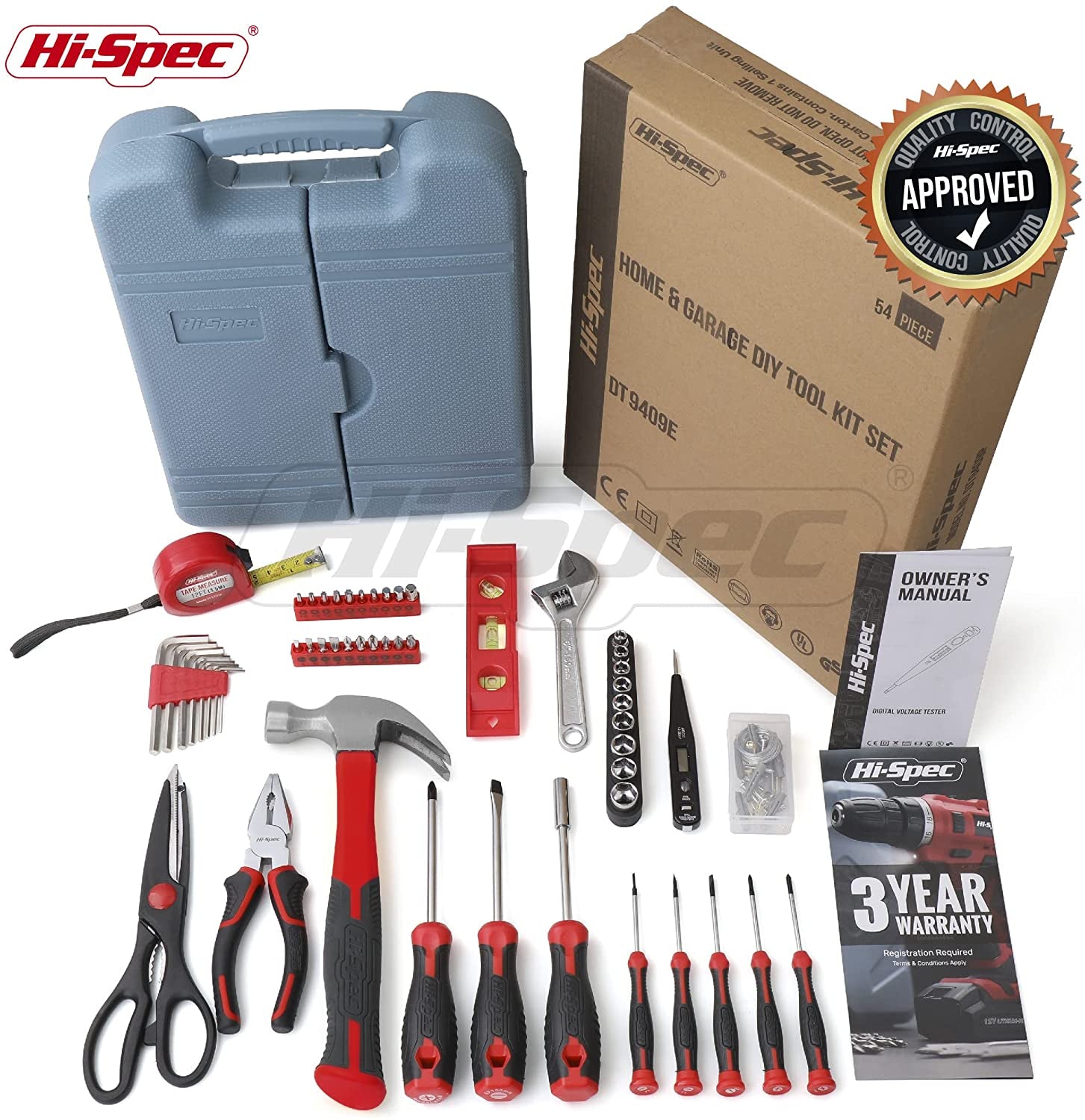 54 Piece Red Home & Office Tool Kit Set. General DIY Repair & Maintenance Hand Tools with Hammer, Pliers, Screwdriver & Hex Key Sets. Complete in a Storage Box Carry Case