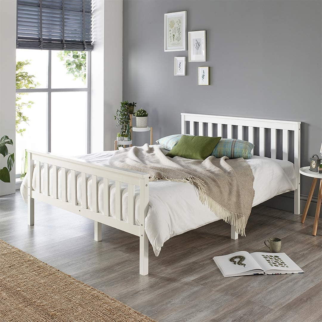 Atlantic Solid Wood Shaker Bed Bed Frame, White with White Wood Highlights, Double (135 X 190 Cm)