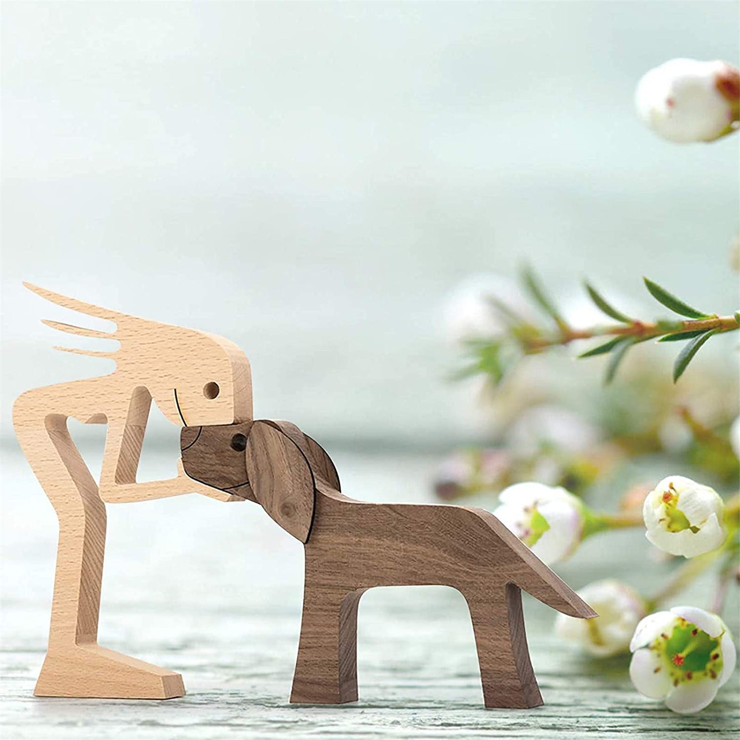 Family Puppy Wooden Carving Ornaments, Natural Solid Wood Pet Dog Family Crafts Sculpture, Hand-Carved Figure Creative Gifts for Home Office Desktop (Women and Dog)