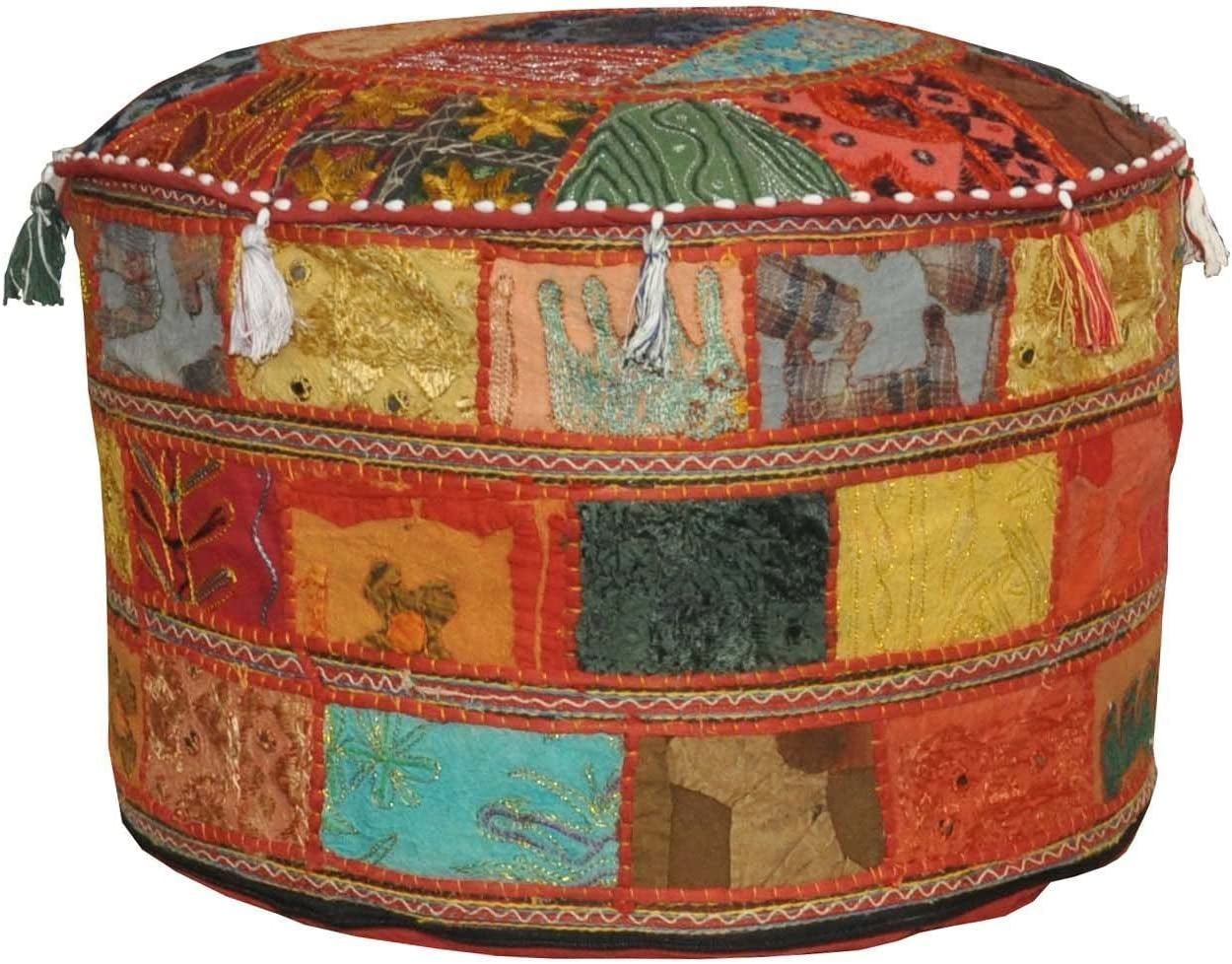 India Floor Cotton Ottoman Embellished with Patchwork and Embroidery Work Cushion Cover